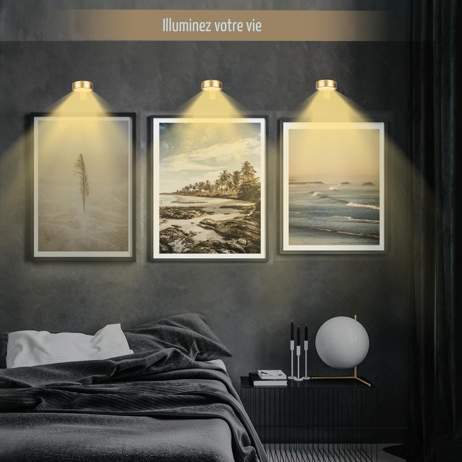 Applique murale pour tableaux sans fil – Lot de 3 appliques LED à piles pour œuvres d'art, éclairage magnétique pour tableaux sans fil avec 13 couleurs RGB et fonction de réglage de la luminosité