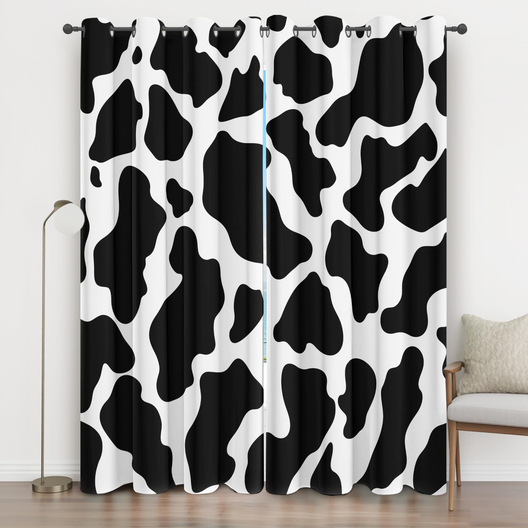 Rideau occultant imprimé vache 3D noir et blanc thermique pour salon et chambre 2 pièces 200x200cm