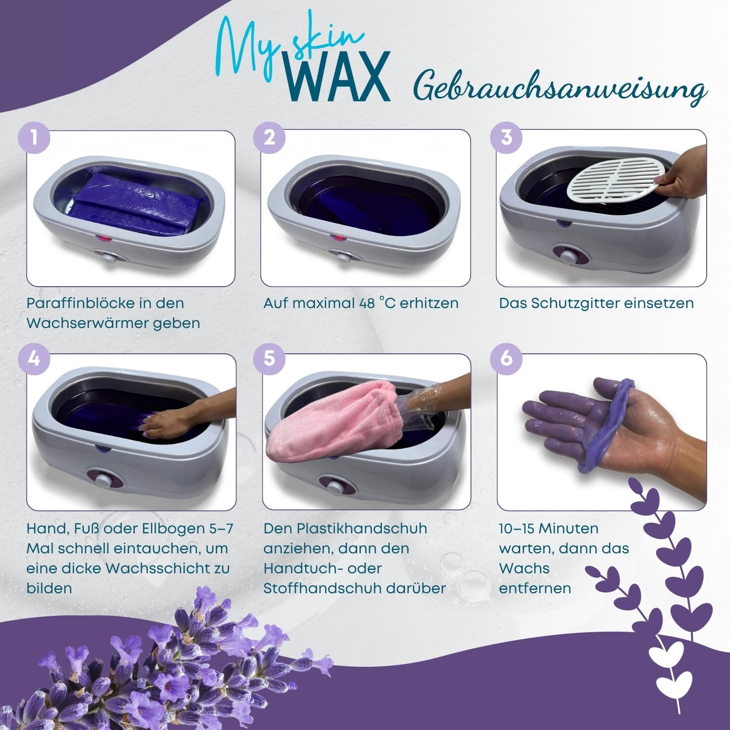 Paraffinwachs Maxi Pack, 6 Blöcke à 400 g (2,4 kg), Lavendelduft, feuchtigkeitsspendend & leicht ölig, ideal für Paraffinbad Hände & Füße, Arthritis Linderung, Pediküre (Lavendel)