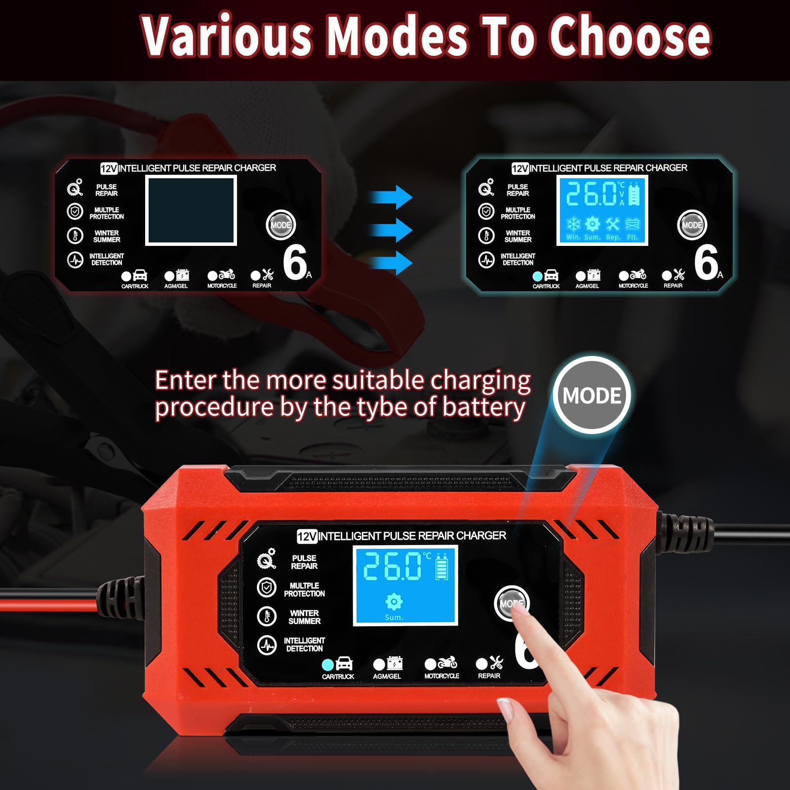 Cargador de Baterias Coche y Moto, Cargador Bateria Moto 12v 6A Inteligente