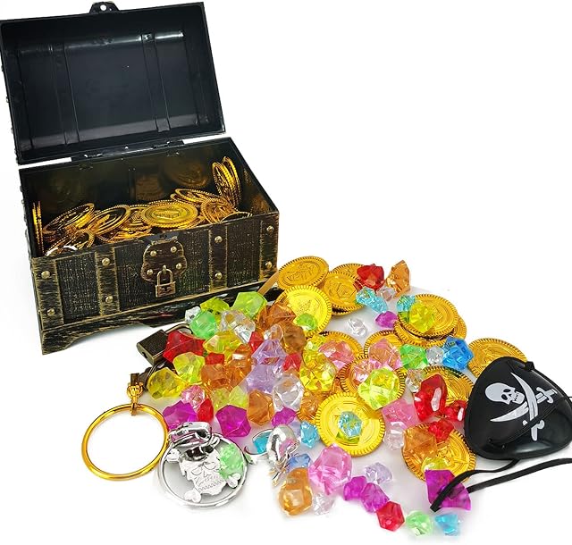 Feeziloe Pirate Treasure Chest, Plastic Pirate Treasure Box Toy, with Gold Pirate Coins, Jewels, Earrings, Pirate Eye Patch, Rings and Lock, for Kids Birthday Christmas Halloween
