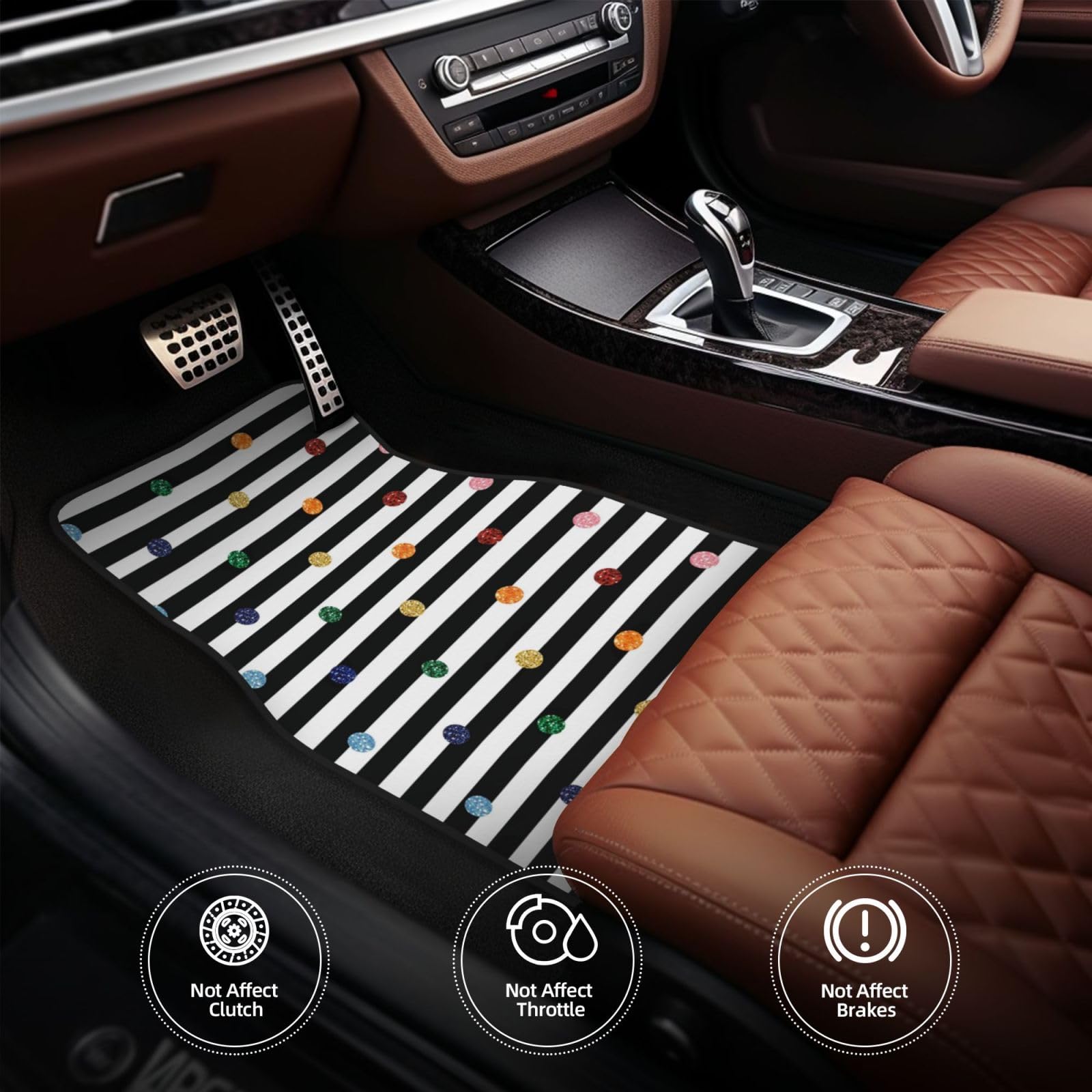 Regenbogenfarbener Polka-Dot-Streifen-Schwarzweißdruck, 4er-Set Auto-Fußmatten, Neopren-Fußmatten für Fahrzeuge, rutschfeste Auto-Fußmatten, Autozubehör