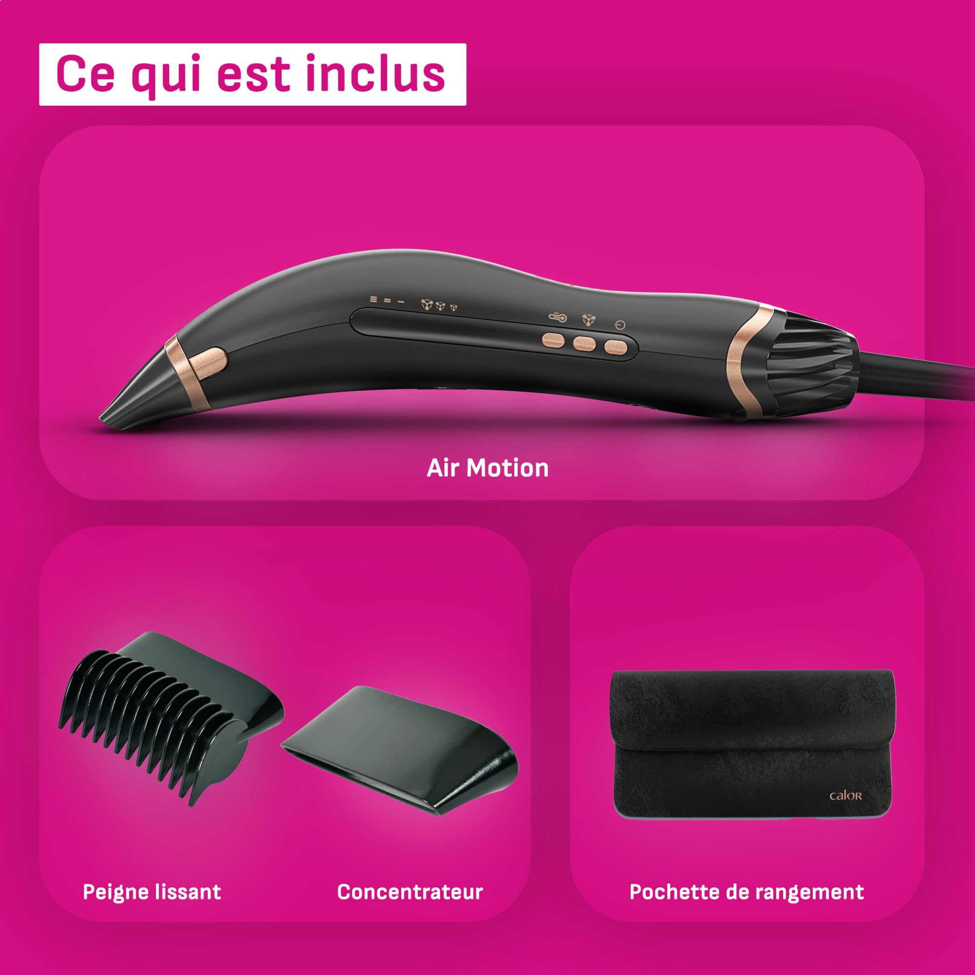 Calor Air Motion, Sèche-cheveux lissant, Design révolutionnaire, Léger, Puissant, Moteur digital, Effet Coanda, CF8C20C0