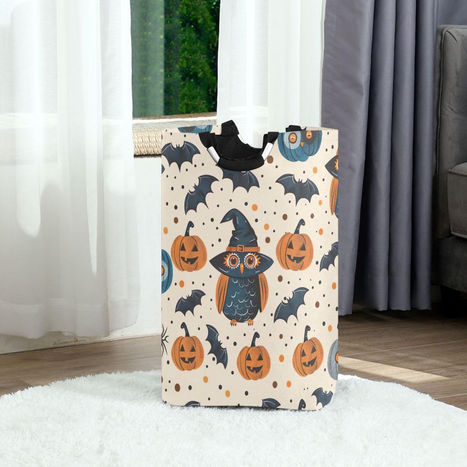 Jihqo Laundry Hamper Basket Halloween Pumpkin Owl Collapsible Nursery Storage Bin Waterproof Clothing Baskets for Home Bedroom Bathroom Washing Room