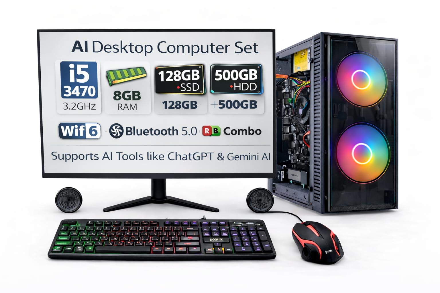 TECNICO Hi Performance Desktop Computer, Core i5 Processor, 8GB DDR3 RAM, 128GB SSD, 500GB HDD, 19.5 inch LED Monitor, Keyboard and Mouse, Windows 11, WiFi