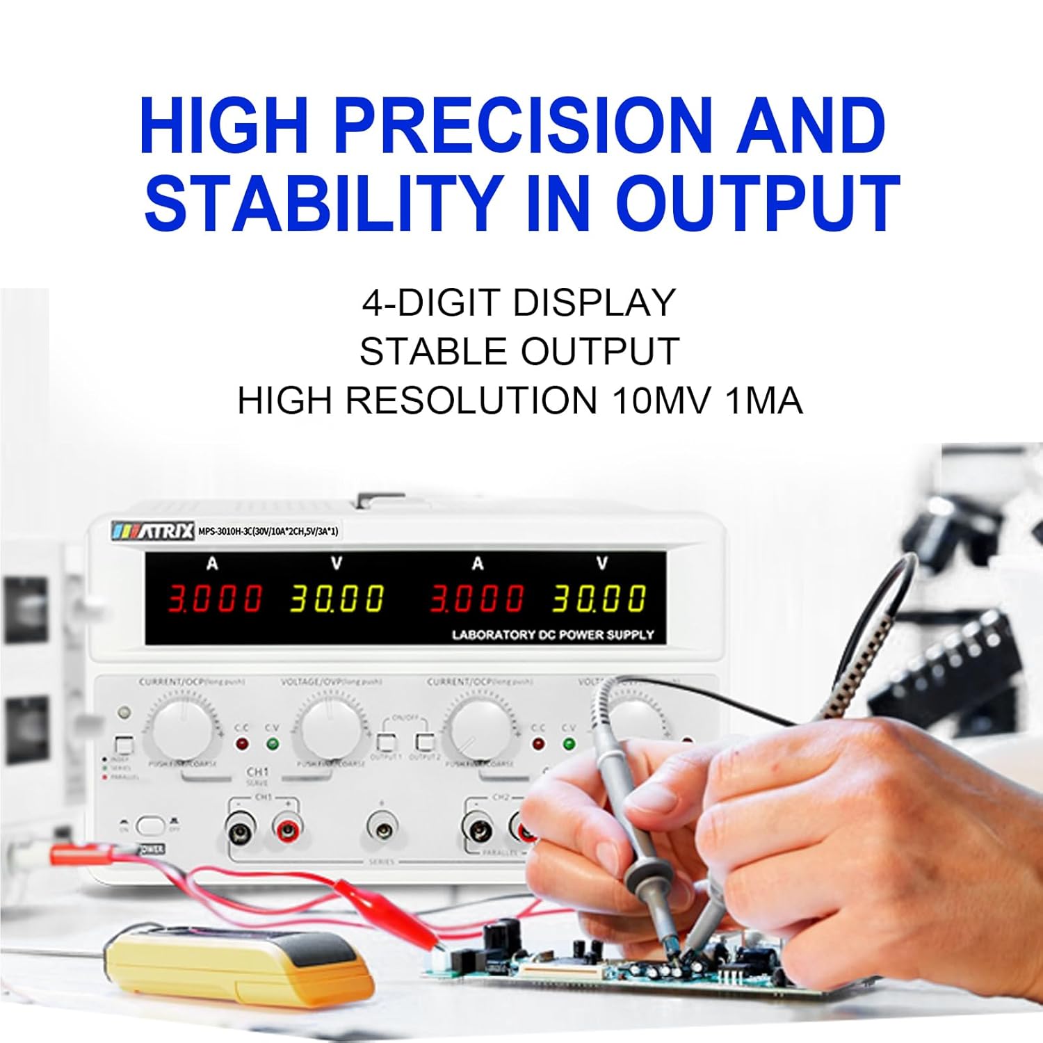 Close-up of the MATRIX MPS-3010H-3C DC Power Supply's display and controls, highlighting its high precision and stability.