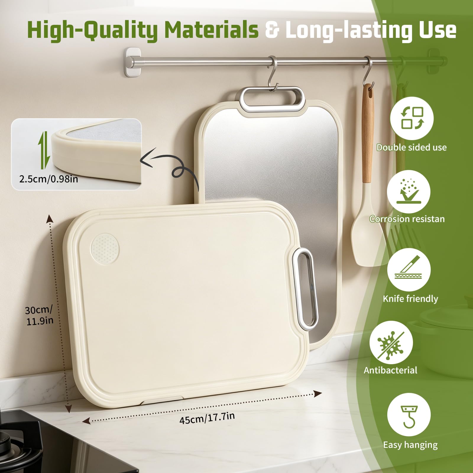 2 en 1 Tabla de Cortar de Titanio + Madera,Tabla de Cortar Antibacteriana y Resistente,Tablero de Corte con Ranura para Jugos y Borde,Ideal para Carne,Frutas,Verduras o Amasar (Titanio + PP)