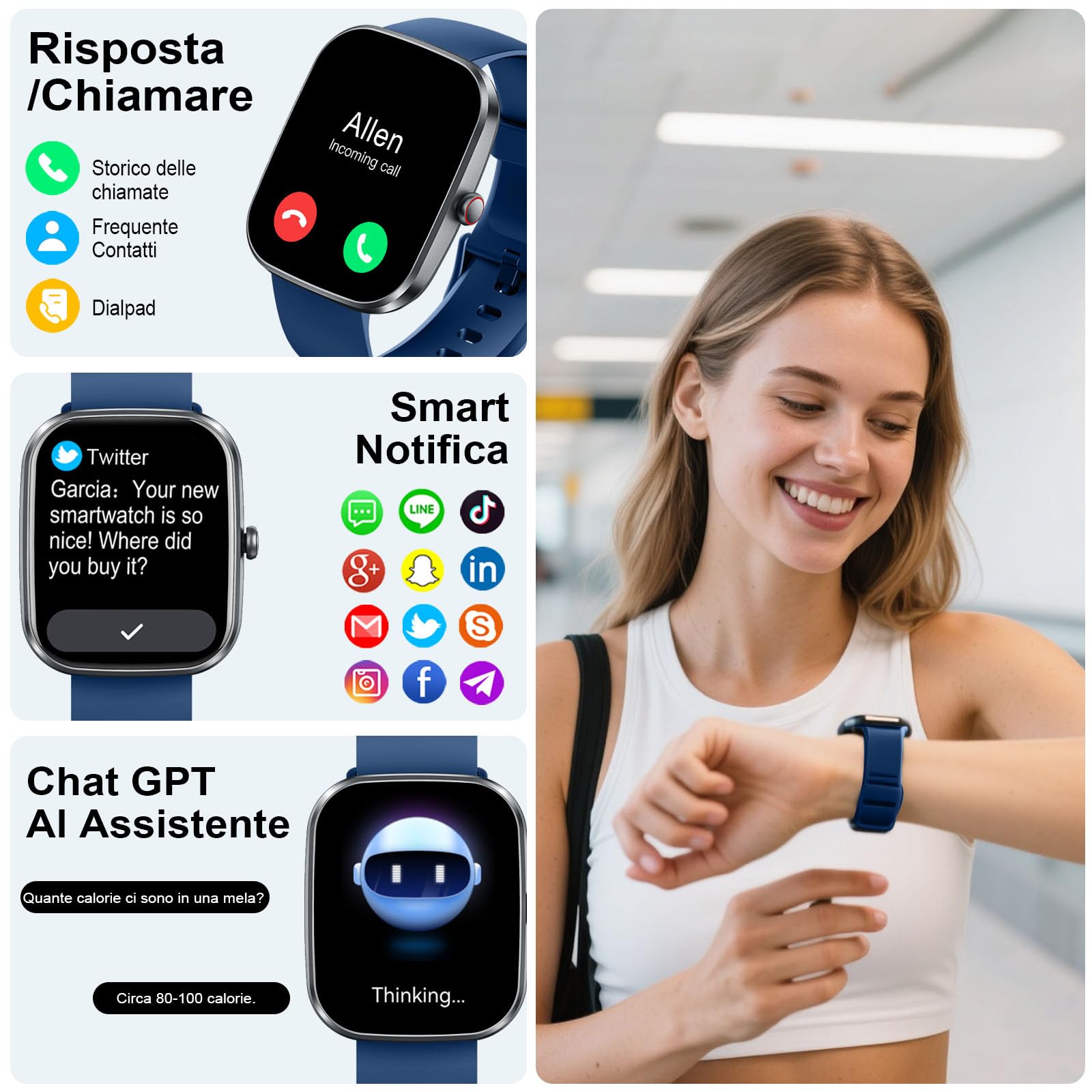 Uaue AI Smartwatch Uomo Donna, 2025 Nuova Fitness Tracker Orologio con Voce AI/Quadrante AI, Chiamate Bluetooth/Cardiofrequenzimetro/Contapassi/Sonno/115+ Sportive, 1.91" Smart Watch Impermeabile IP68