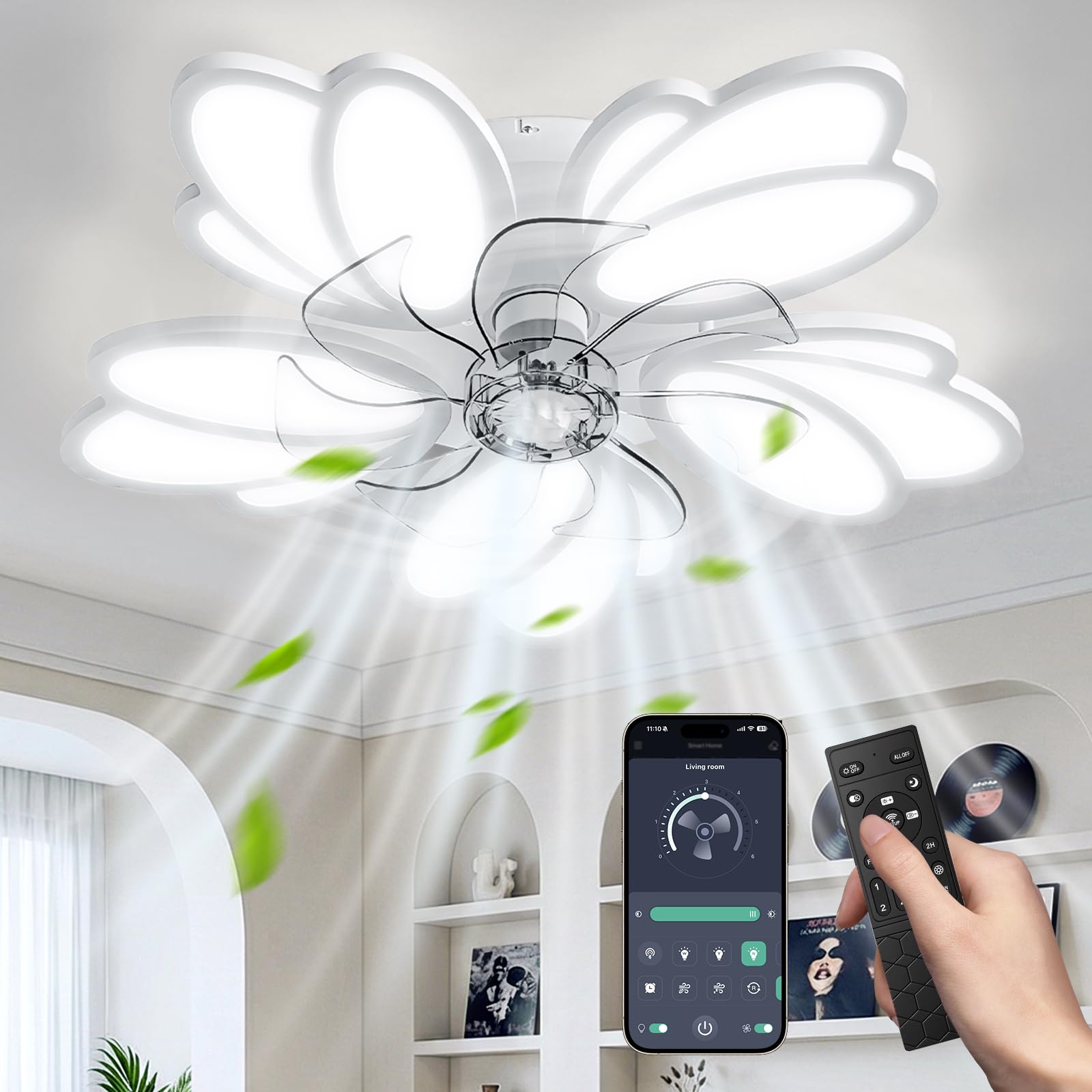 Ventilatore da Soffitto con Luce e Telecomando, 6 Velocità del Vento Regolabile, 5 Pale Lampadario con Ventola 3000K 4500K 6500K, Plafoniera con Ventilatore per Camera da Letto Soggiorno