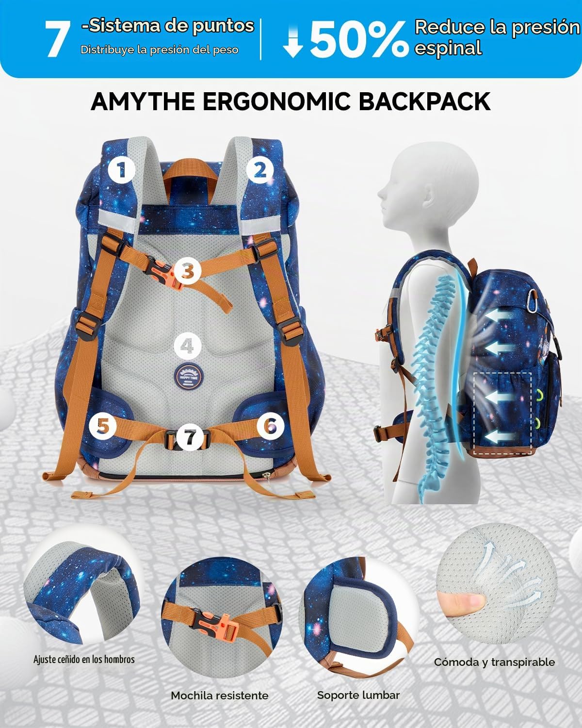Amythe Mochila Ergonómica Niño desde 1° Escuela Aire Libre | Mochila Ergonómica Niños 6-12 Años Correa Funda Reflectante Soporte Lumbar