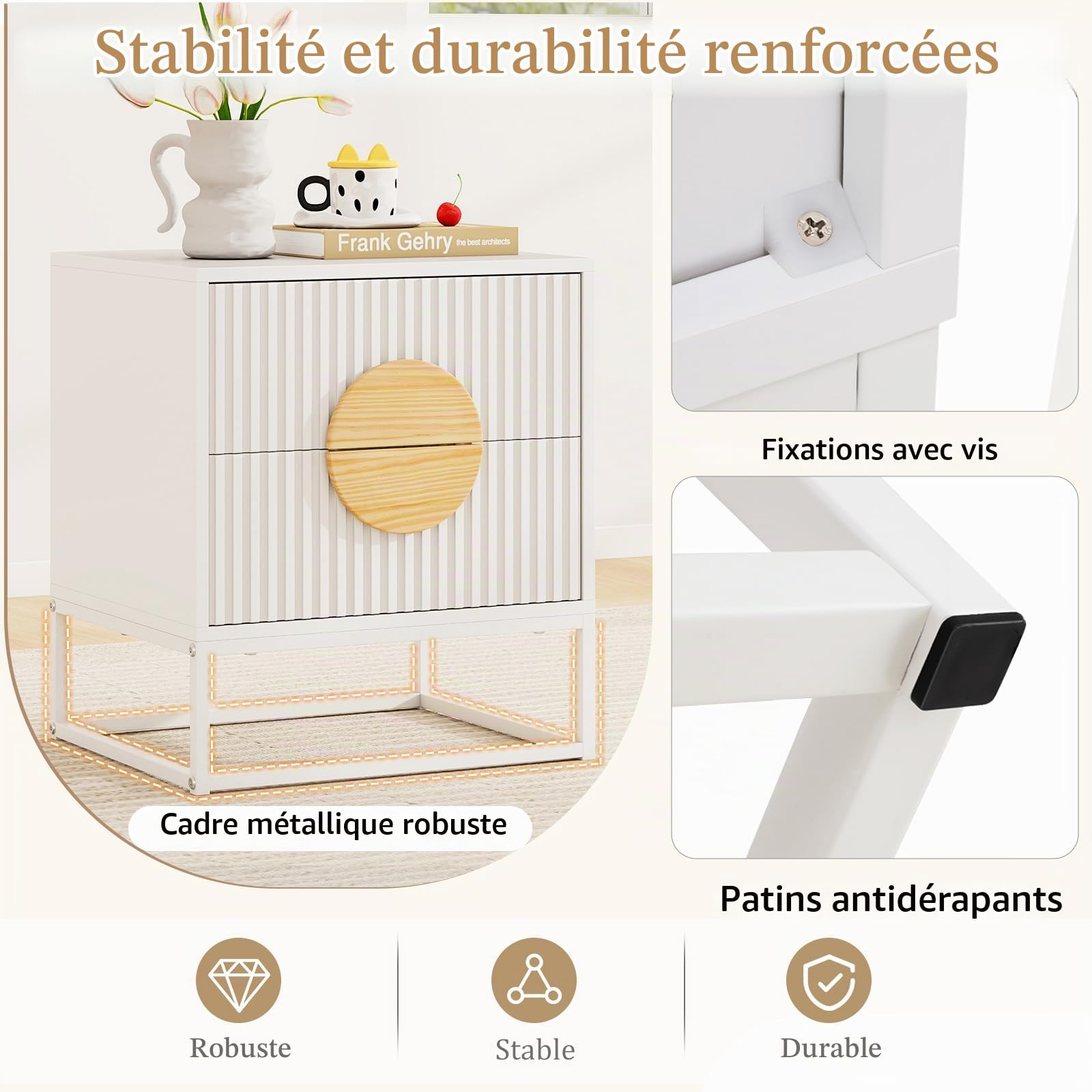 KOMFOTTEU Tables Chevet, 2 Tiroirs, Tables d'Appoint, Blanc