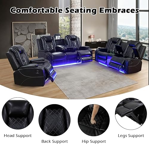 Miniatura 5 de Juego de sofá reclinable eléctrico para sala de estar, juego de sofá reclinable de cuero con luces LED, puertos USB, almacenamiento oculto, juego