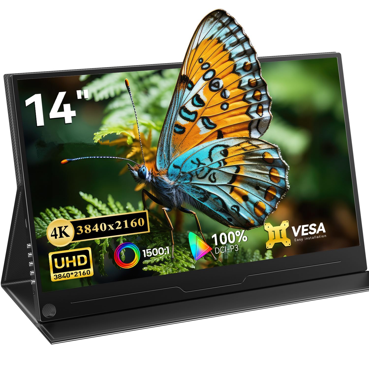 Newsoul Monitor Portátil 4K 14'',1500:1 Pantalla 100% DCI P3 450Nits UHD 3840x2160, HDMI Estándar y 2 Puertos Tipo C, Pantalla Mate IPS Eye Care, VESA y Smart Cover, para Portátil PC Teléfono Xbo PS/4
