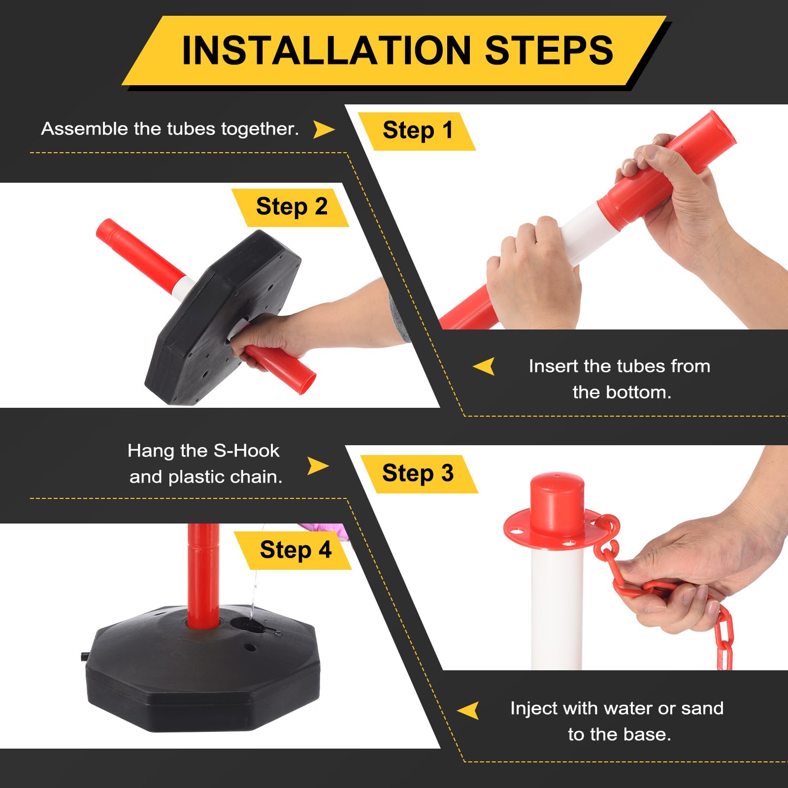 PATIKIL 2 Piezas Poste Delineador De Tráfico con Base Rellenable, Barreras De Seguridad De Cadena Plástica De 5 Pies para Estacionamiento En Construcción De Multitudes, Rojo/Blanco