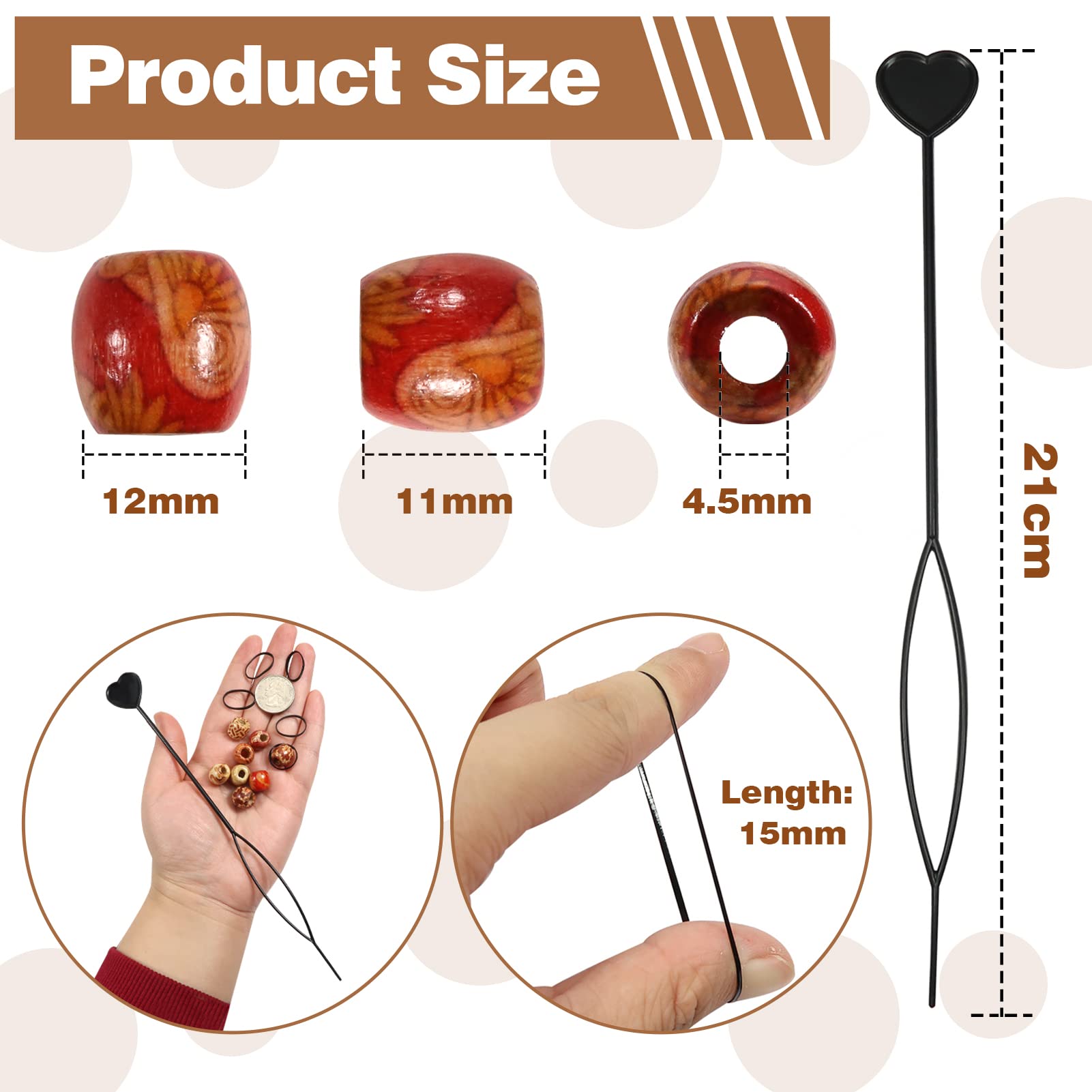 TOAOB 702pcs Wooden Hair Beads Set Including 200pcs Different Drawing Styles Barrel Wood Beads and 500pcs Black Elastic Rubber Bands with 2pcs Quick Beader for DIY Jewelry Making Hair Accessories - Image 2