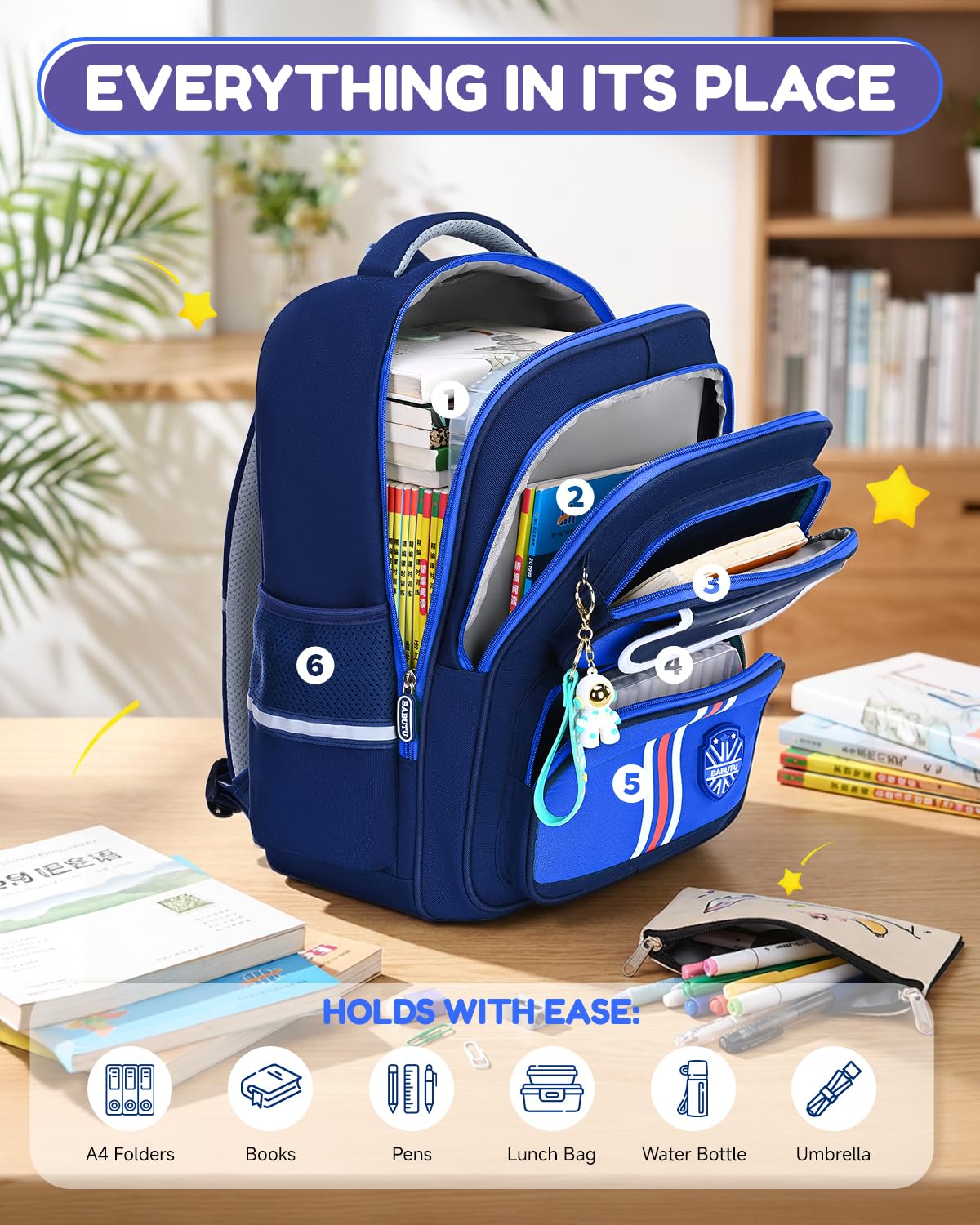 Amythe Zaino Scuola Elementare Bambino - Zaino Scolastico per Ragazzi 8-12 Anni - Zaini Elementari Bambino Ergonomico Impermeabile Leggero e Capiente - Natale o Compleanno -Blu