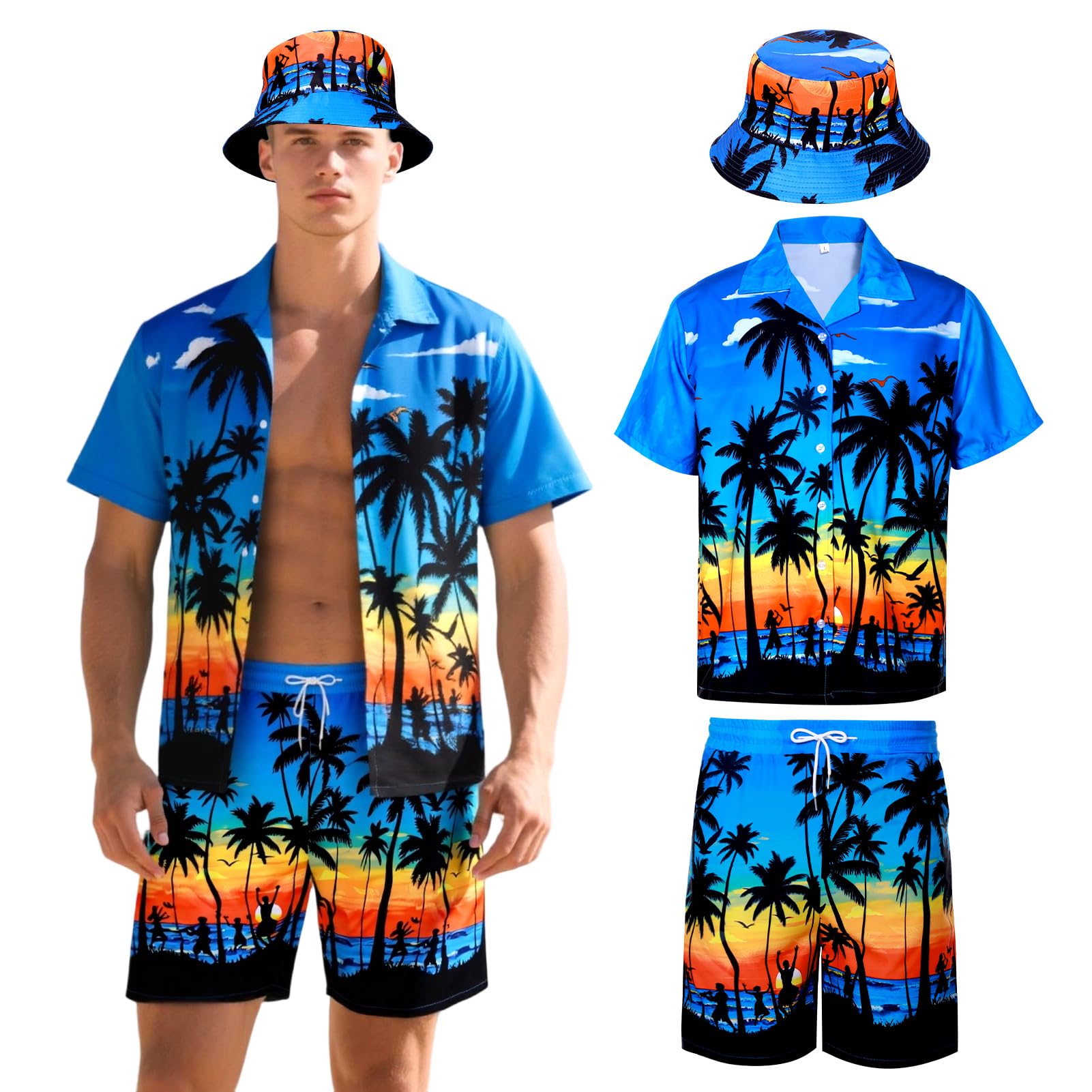 Camicia Hawaiana Set, Camicie Hawaiane Uomo con Pantaloncini Cappello Camicia Uomo Maniche Corte Camicie Estive per Feste Estive Spiaggia