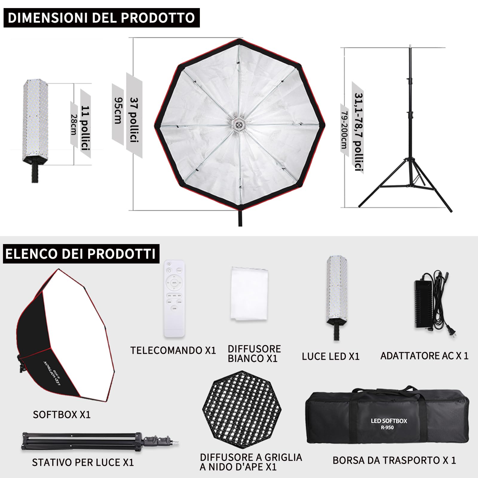 Set di Illuminazione Softbox Ottagonale da 110 W, 95 cm, con Griglia a Nido d'Ape/Telecomando/Supporto Luminoso, per Fotografia, Studio Fotografico, Ritratti, Trasmissione Live