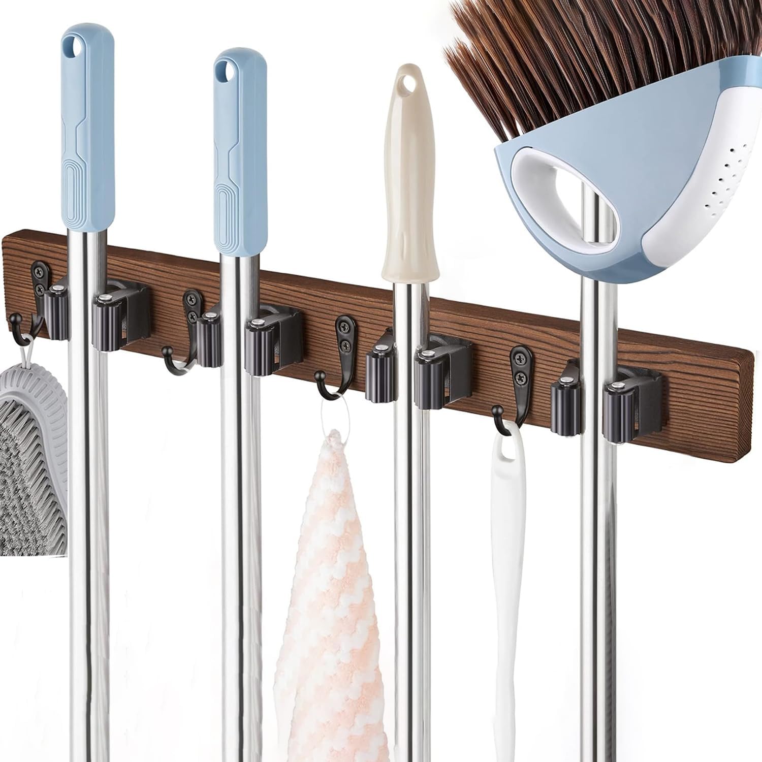 Left Pull Out Broom Holder Wall Mount, Broom and Mop Organizer Wall Hanging for Garage Garden Organize, Rustic Wood Broom Hanger with 4 Slots and 4 Hooks for Home Décor, Kitchen and Closet