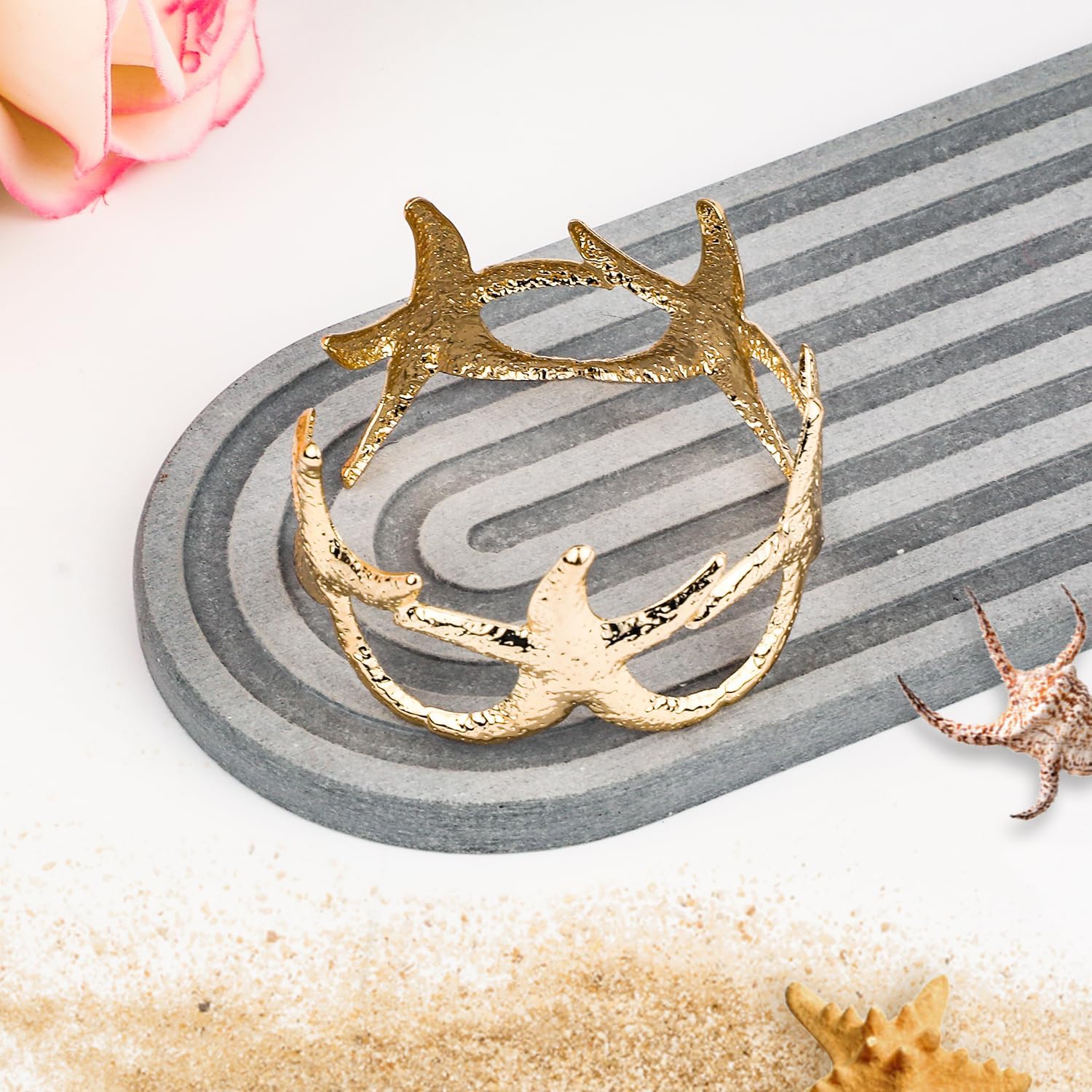 Wide Starfish Arm Cuff Bracelet for Women, Alloy Vintage Chunky Gold Open Bangle Boho Adjustable Summer Beach Jewelry Gift Sea Mermaid Style Irregular Statement Armband - Image 4