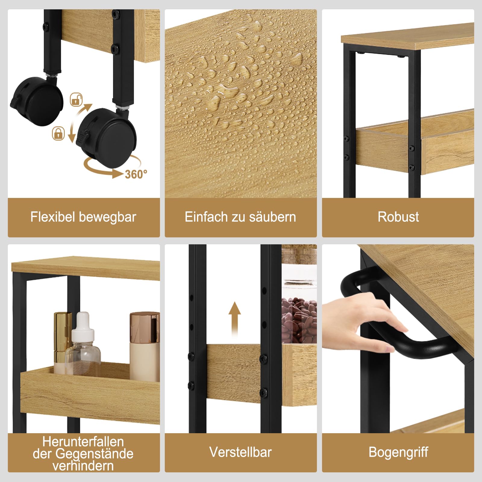 EUGAD Desserte à roulettes, Chariot de Rangement à 4 Niveaux, Étagère sur roulettes, pour Salle de Bain, Cuisine, avec 2 Freins, en Bois d'Ingénierie et Métal, 40x15x82cm, Chêne Clair