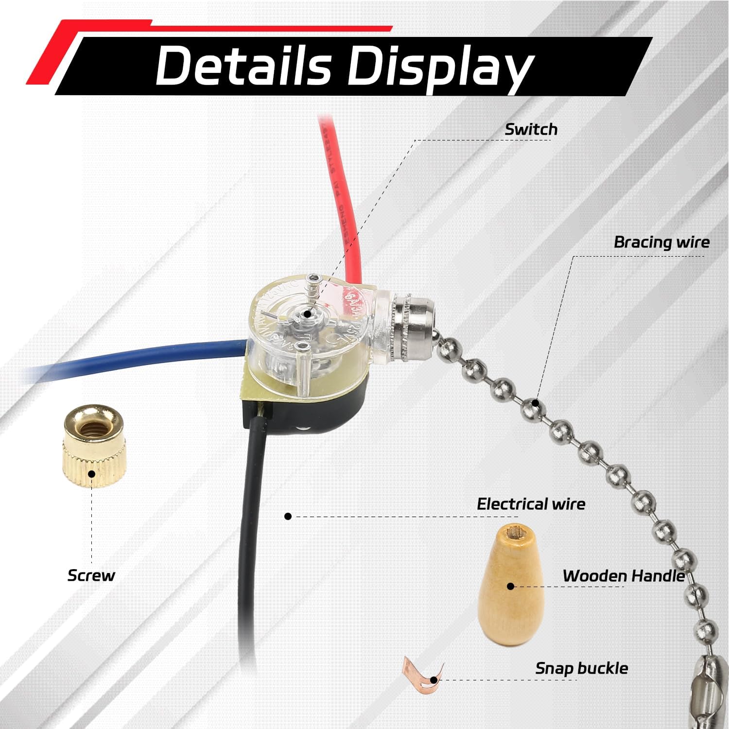Ceiling Fan Light Switch Zing Ear ZE-110, 3 Wire 3 Way Lamp Switch Replacement, 30cm Pull Chains for Ceiling Fans And Lights-Nickel image 2