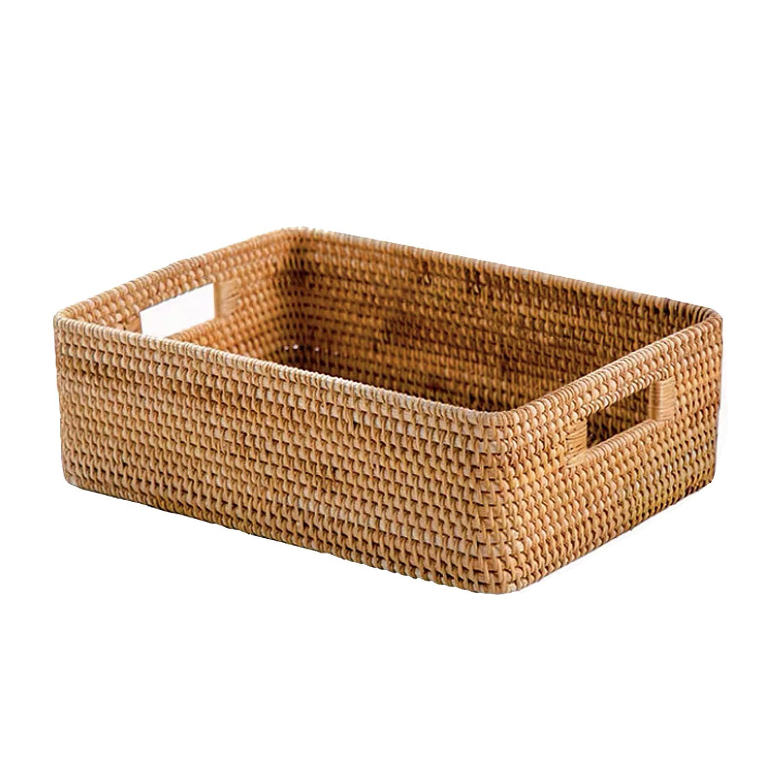 Handgefertigtes Rattan-Serviertablett, rechteckiger Präsentkorb mit Griffen, stapelbare Aufbewahrung für Snacks, Obst, Süßigkeiten, 30 x 20 x 10 cm, natürliches Weiden-Design