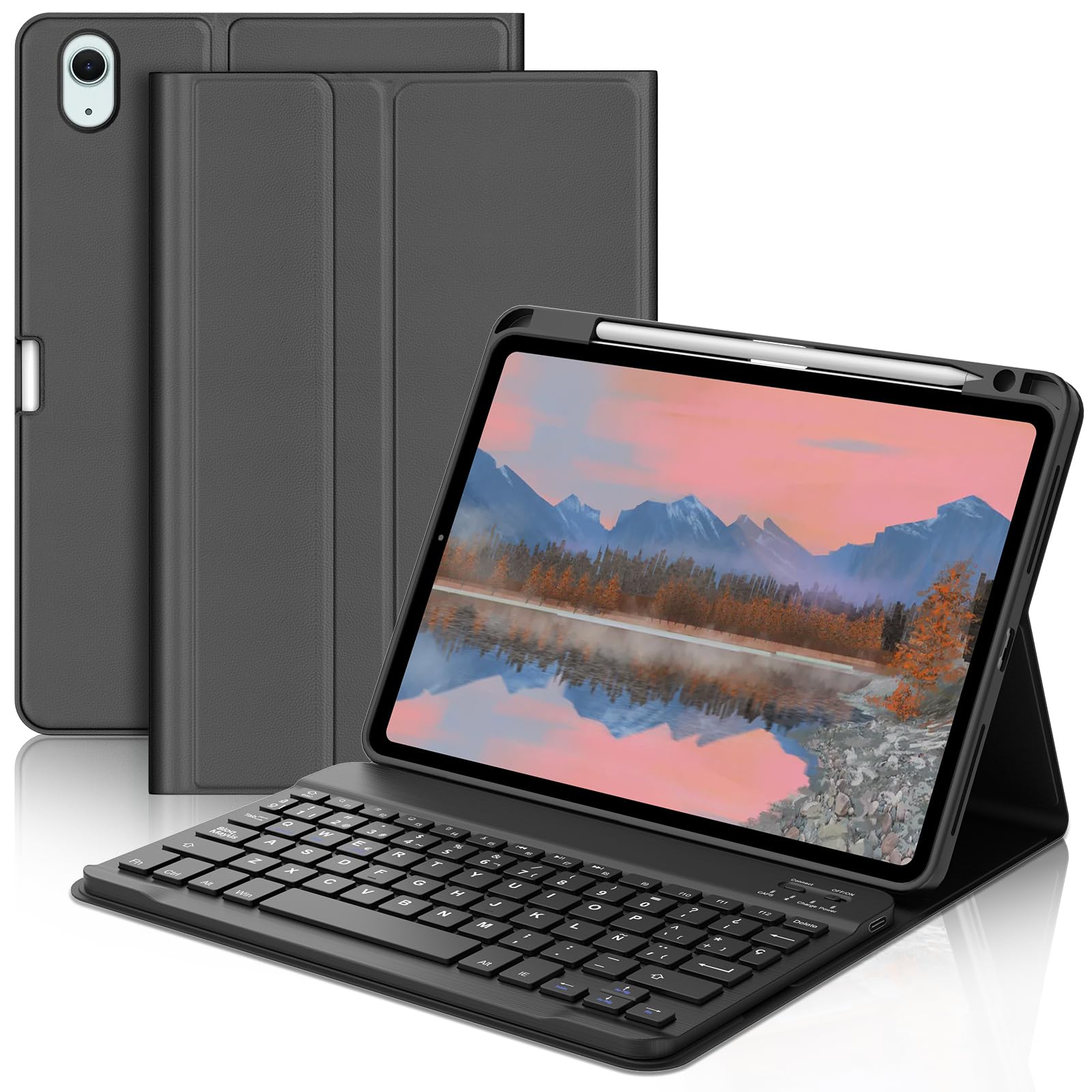 Funda con Teclado para iPad Air 11" M2 2024/M3 2025, Teclado Español Ñ Desmontable Bluetooth y Funda de Diseño Minimalista 360° para Air 11 Pulgadas (M2 2024/M3 2025), Negro