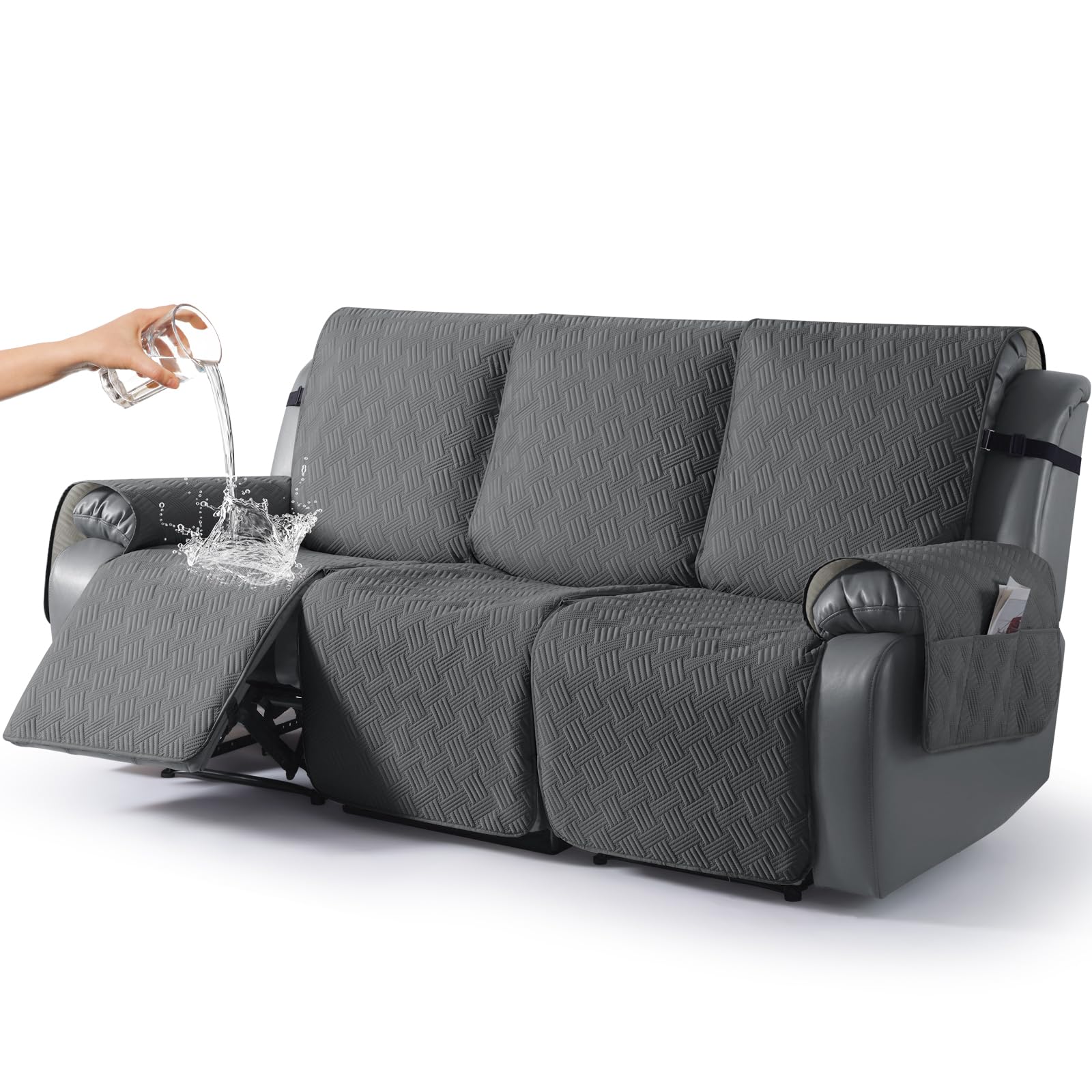 KinCam Waterproof Recliner Chair Cover, Armchair Slipcover with Elastic Straps & Side Pocket, Anti Slip Couch Cover Sofa Protector for Dogs & Pets, Washable Armchair Cover 3 Seater, Charcoal Grey