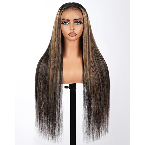 Real Bleached Knots Highlight Lace Front Wigs Human Hair 220% Density Balayage Glueless Wigs Human Hair 24 inch 13x4 Ombre Straight Lace Front Wig Pre Plucked Wigs for women FB27