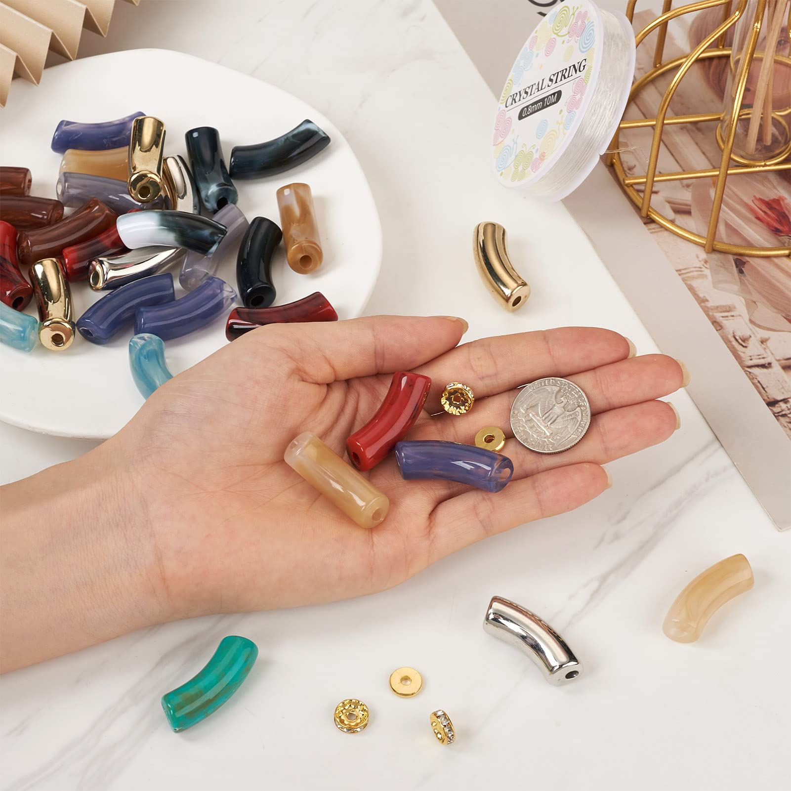 Cheriswelry Kit Perline Fai Da Te - Perline Acriliche Grosse A Tubo Curvo E Bambù Con Distanziatori In Ottone E Filo Elastico Per Creare Bracciali E Collane