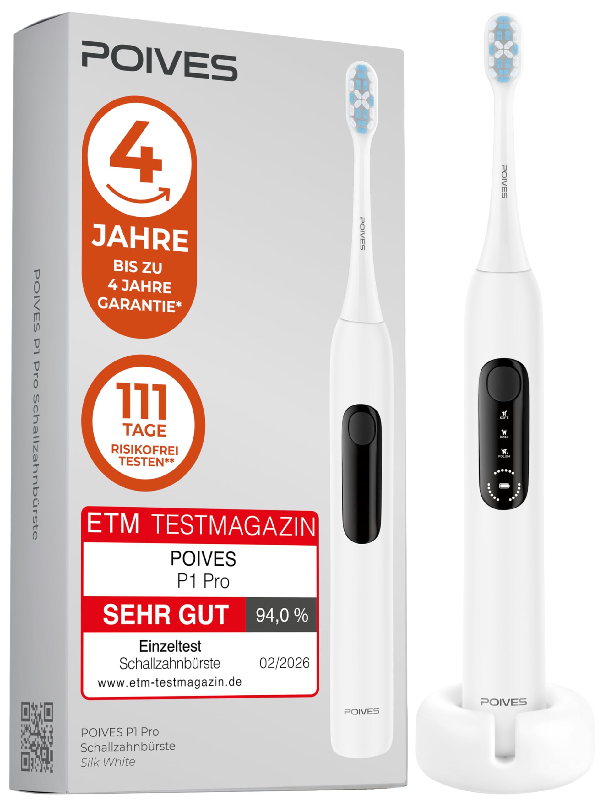 Cepillo de dientes sónico POIVES P1 Pro, cepillo de dientes eléctrico con sensor de presión para una limpieza segura, batería de 60 días, Silk White