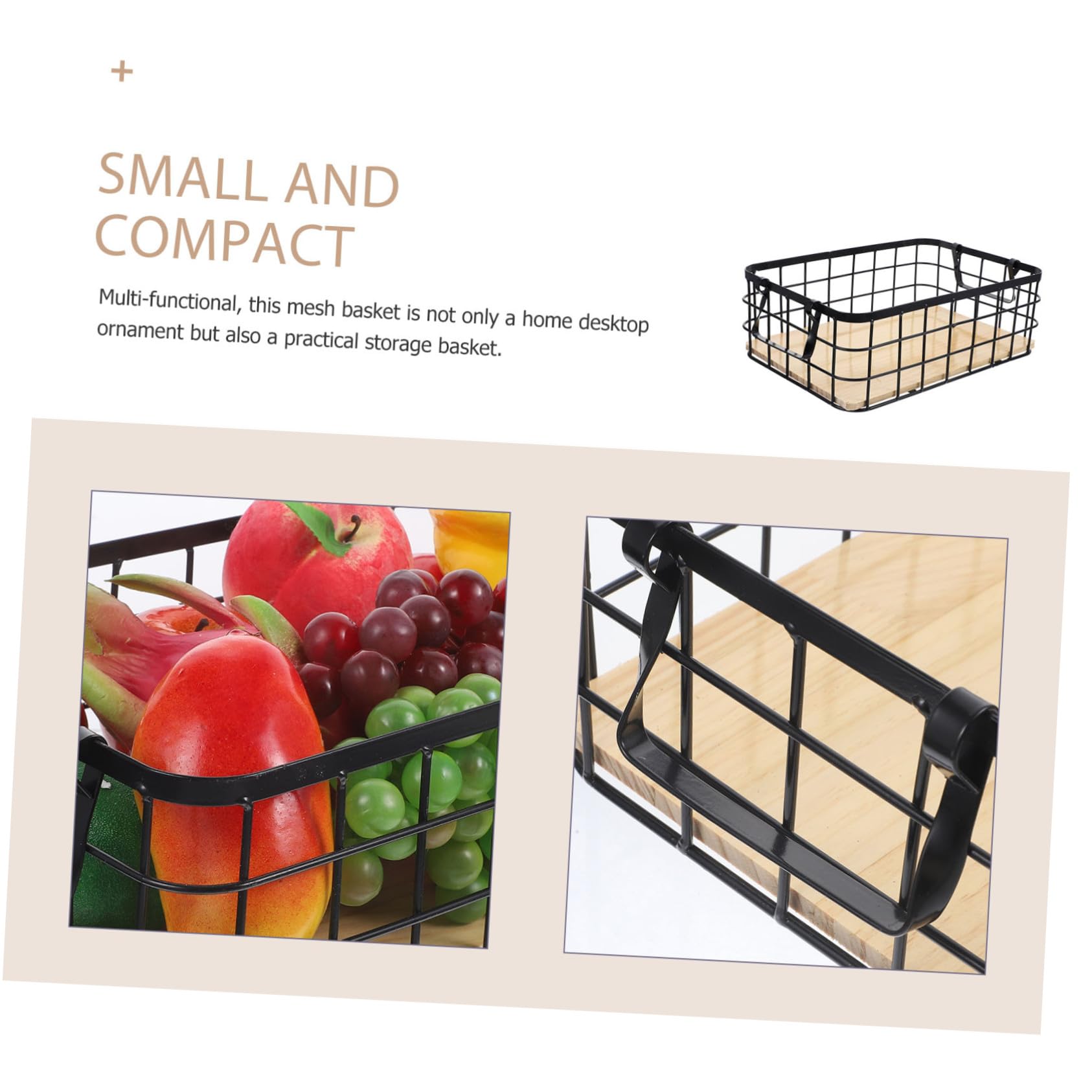 Cesta de Almacenamiento Metálica Pequeña con Asas Base de Madera Resistente y Apilable Organizador Multifuncional para Cocina y Baño Color Negro