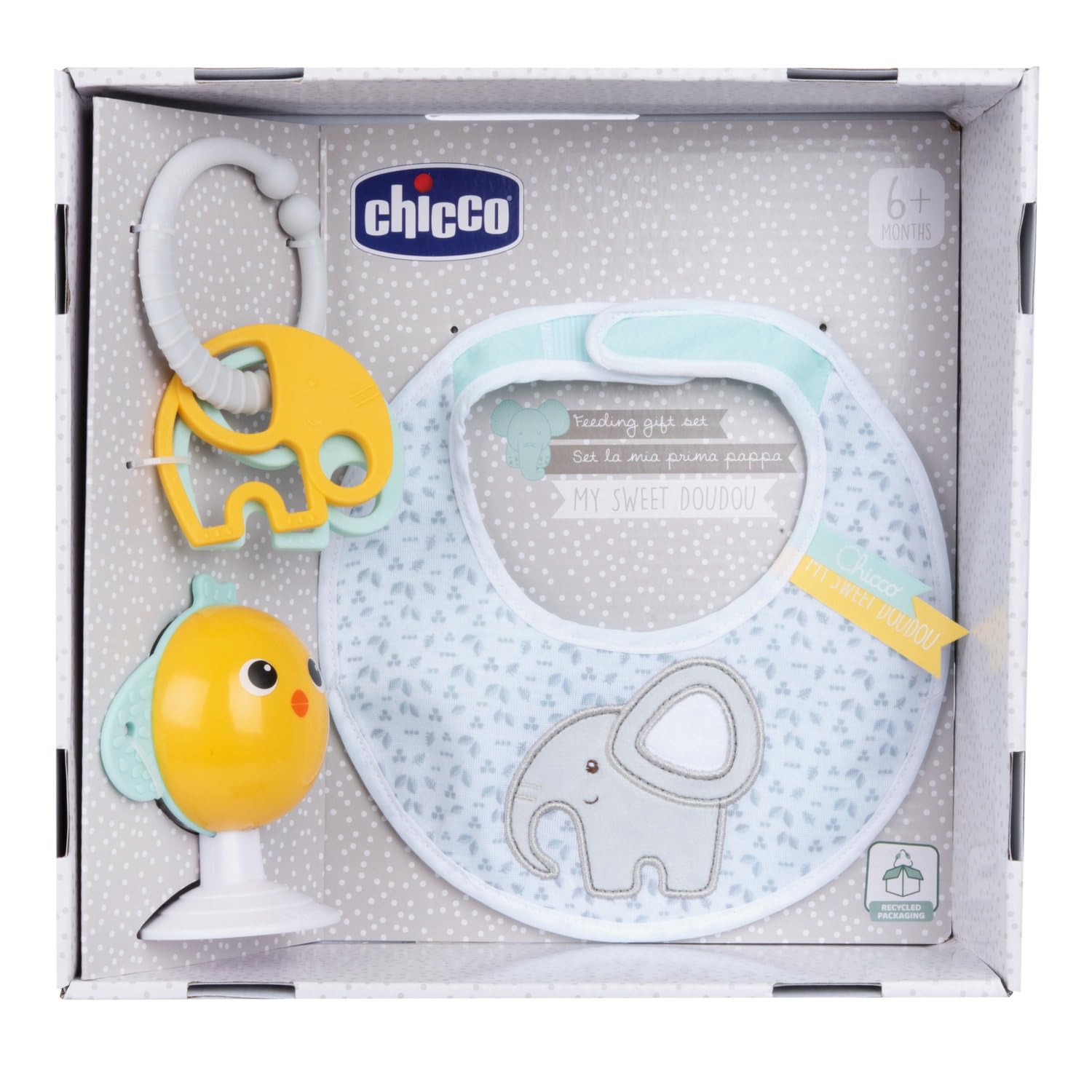 Set Regalo La Mia Prima Pappa Bavaglino Gioco Seggiolone Ventosa Pulcino Sonagli Colorati 6 Mesi+