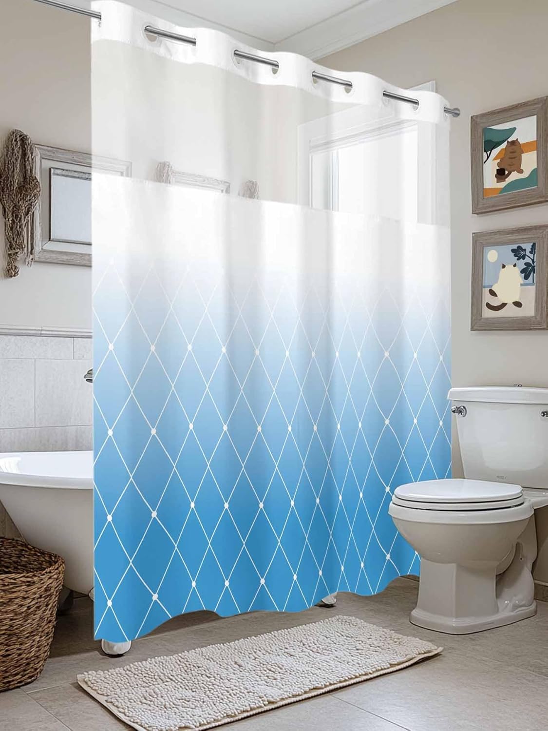 No Hook Shower Curtain with Snap in Liner, Blue Gradient Diamond Geometric Waterproof Bath Curtain Double Layers with See Through Top Window, White Line Minimalism Hotel Shower Curtains