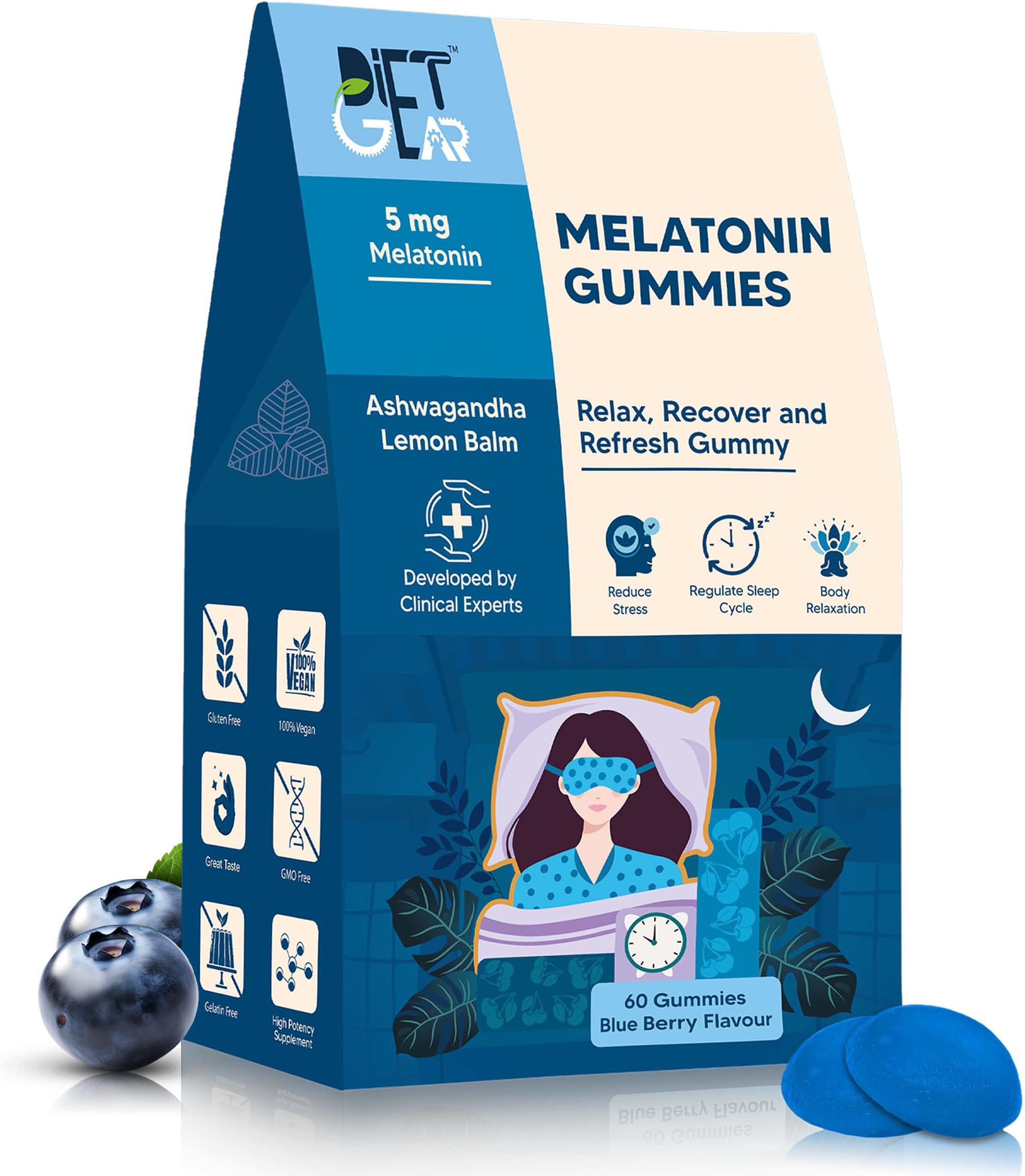 5 mg Melatonin Gummies for Regulated Peaceful Sleep, Undisturbed Deep Sleep, No next Day Drowsiness | With Ashwagandha, Lemon Balm, Tagara Root, Magnesium | 60 Gummies | Blueberry Flavour |