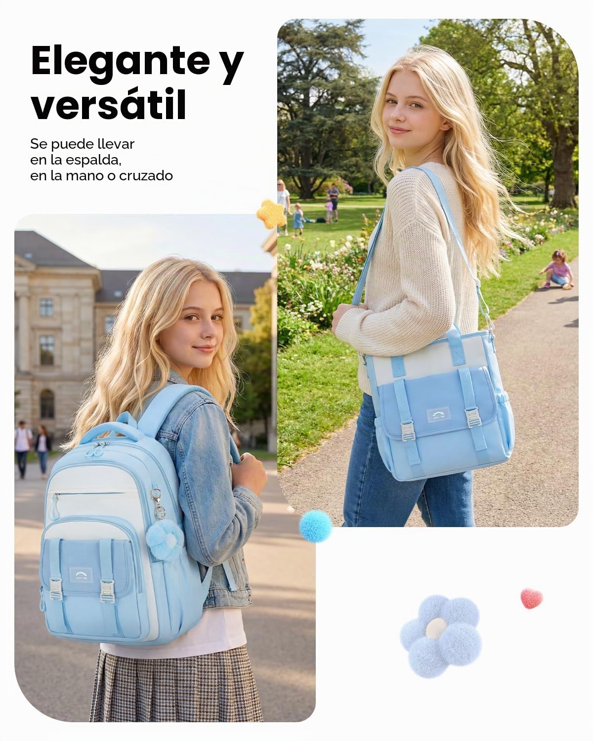 Amythe Mochila Escolar para Adolescentes Niñas, Mochilas para Instituto de 3 Piezas con Bandolera y Estuche, Mochila Grande Colegio Niña para Viajes y Ocio, Azul Cielo