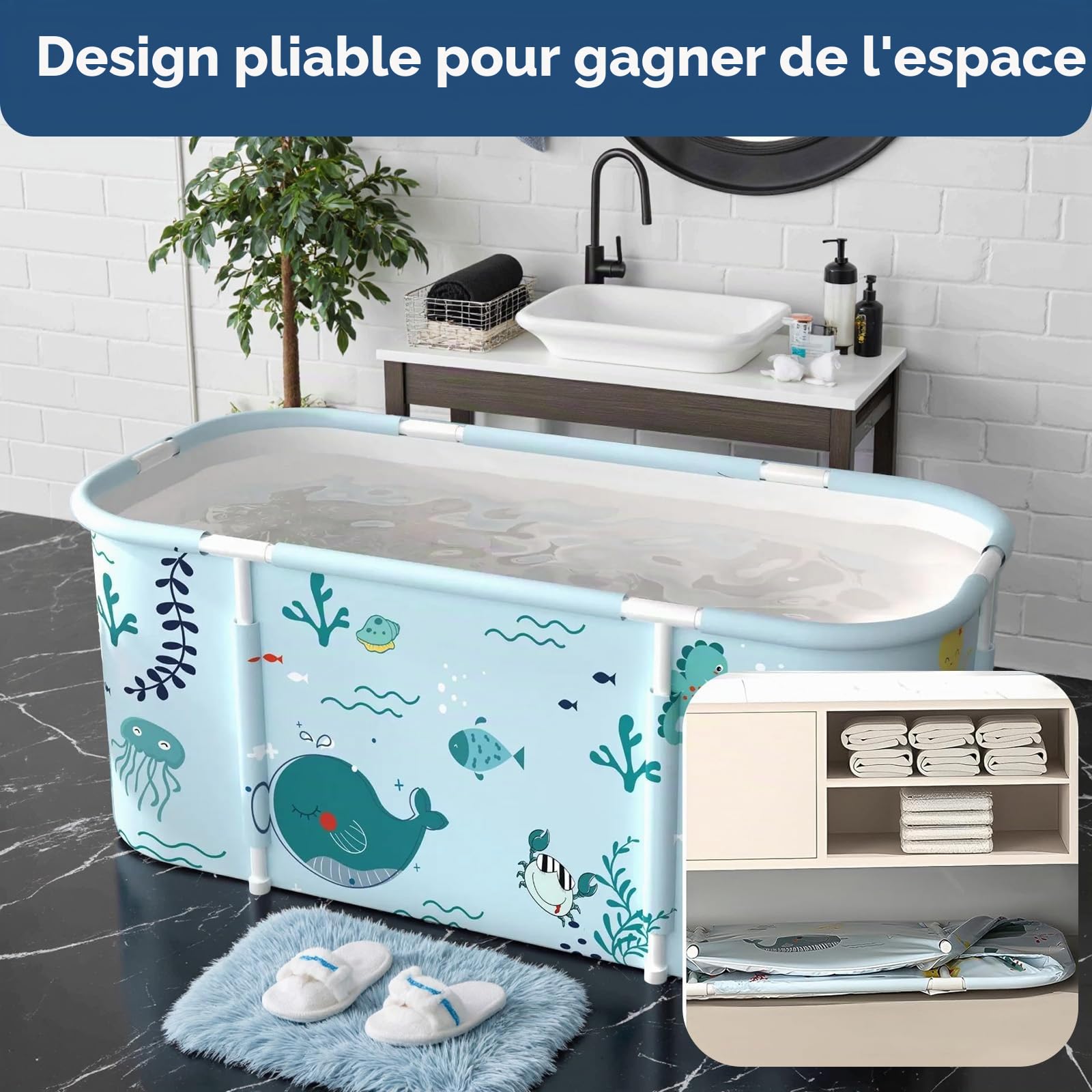 SOONHUA Baignoire portable pliable pour adultes et sur pied avec coussins pour intérieur et extérieur, spa chaud, bain de glace, 140 x 55 x 50 cm