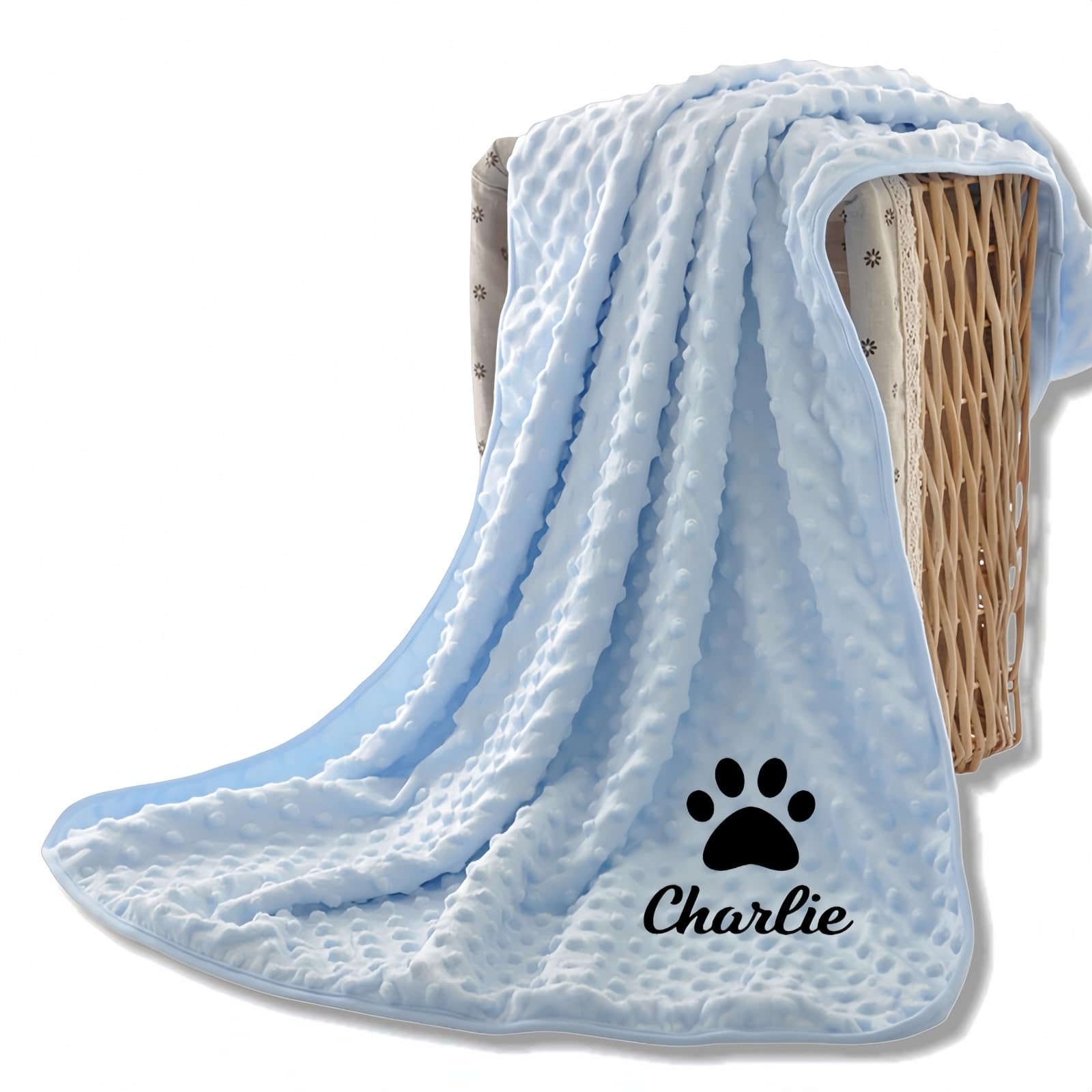 Customed Pet Plush Blanket - Embroidered Dog Cat Name Throw, Personalised Bean Velvet Blanket for Sofa, Bed, Pet's Nest 39 * 29 inch(Blue)