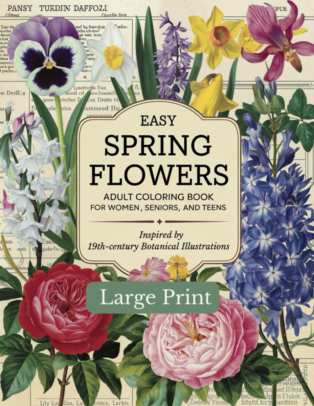 Easy Spring Flowers Adult Coloring Book for Women, Seniors and Teens. Large Print Designs.: Inspired by 19th-century Botanical Illustrations. (Whispers of Petals: A Flower Lover’s Coloring Book)