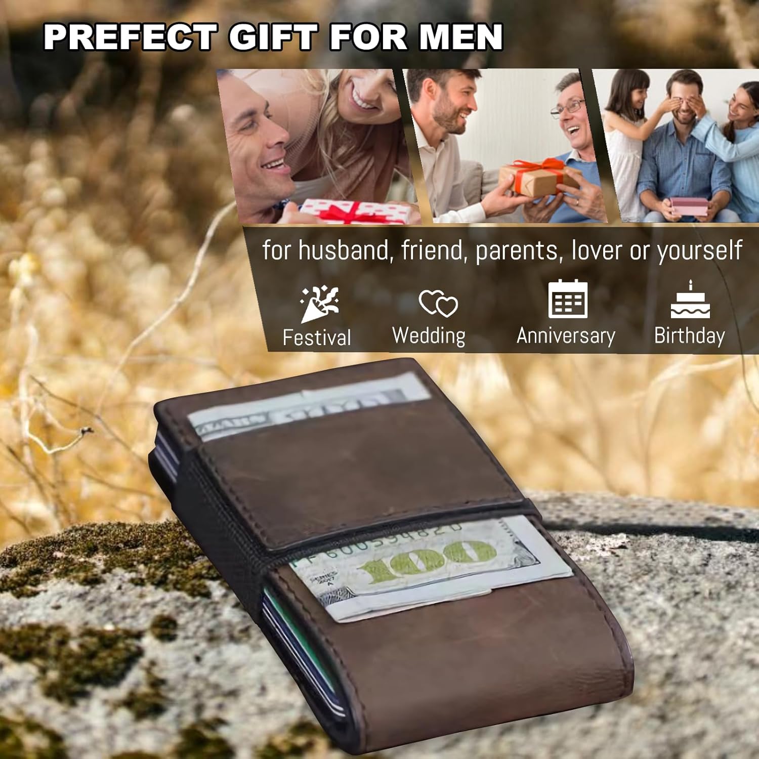 Mens Minimalist Wallet, Rigid Aluminum Metal Wallets Leather for Men, RFID Blocking Slim Wallet, 25+ Card Holder with Pull Tab for Quick Card Access and 10+ Cash Strap, Mens Gifts(Brown+Green)