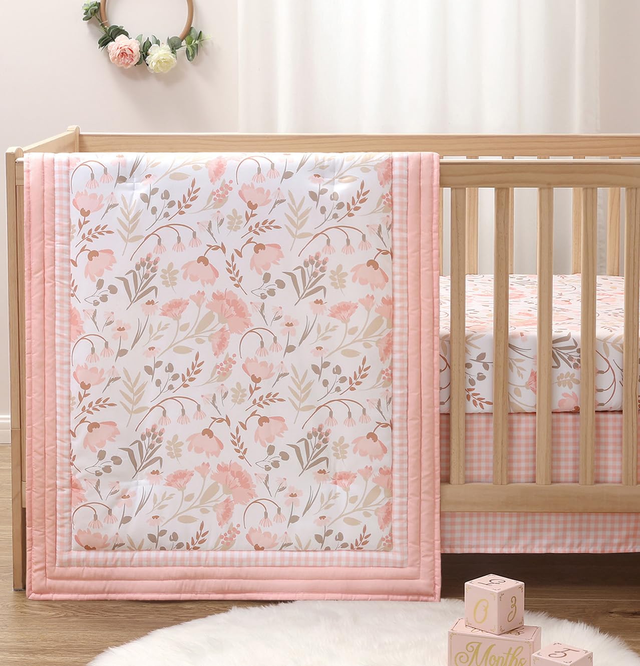 The Peanutshell Whimsical Floral 3 Piece Baby Crib Bedding Set for Girls, Pink Botanical Nursery Decor, Reversible Comforter, Crib Accessories Girl, Newborn, Infant & Toddler Girl Bedding Set