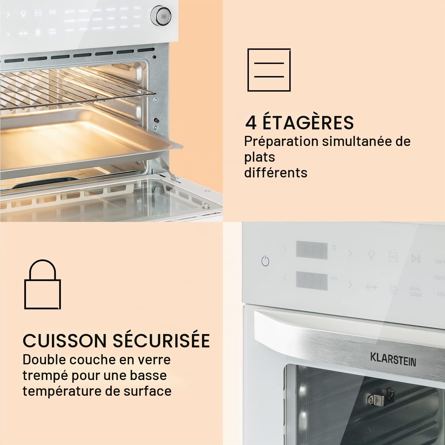 Klarstein Vigor Air Friteuse à air chaud XXL, Airfryer de 1800 W, friteuse à air chaud 30 litres, 18 programmes, chaleur de voûte et de sole, blanc