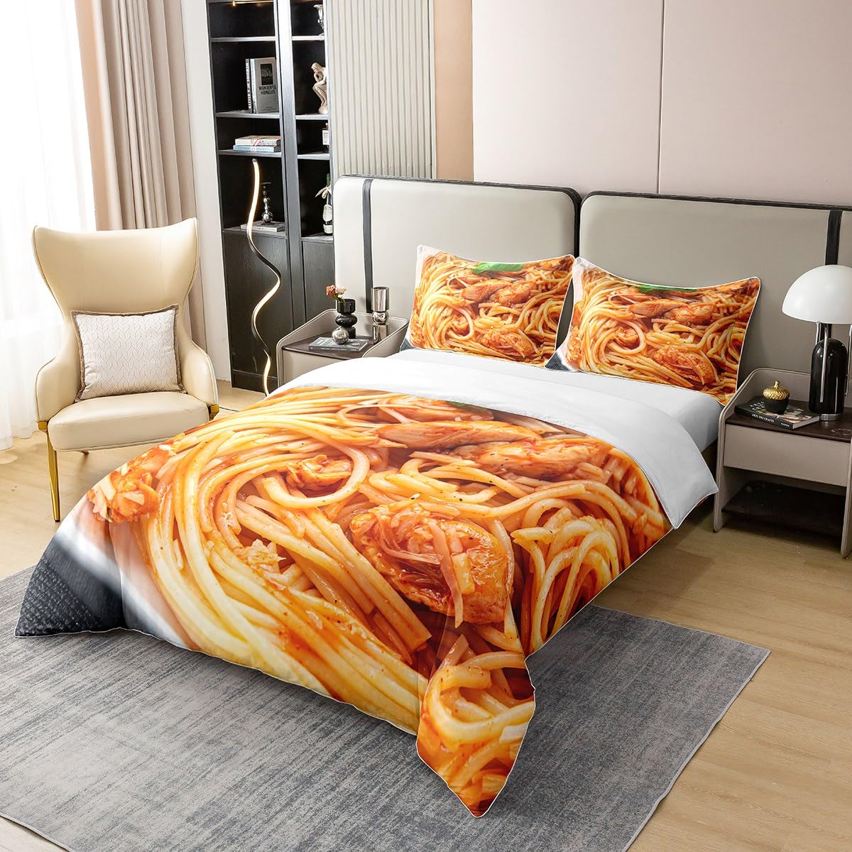 Spaghetti Nudeln 100% Baumwolle Bettbezug 220x240 für Kinder Erwachsene,Huhn Pasta Nudeln Bettwäsche Set Lustiges Dekor für Schlafzimmer,Realistische Lebensmittel Tröster Abdeckung Nudel Bett Set