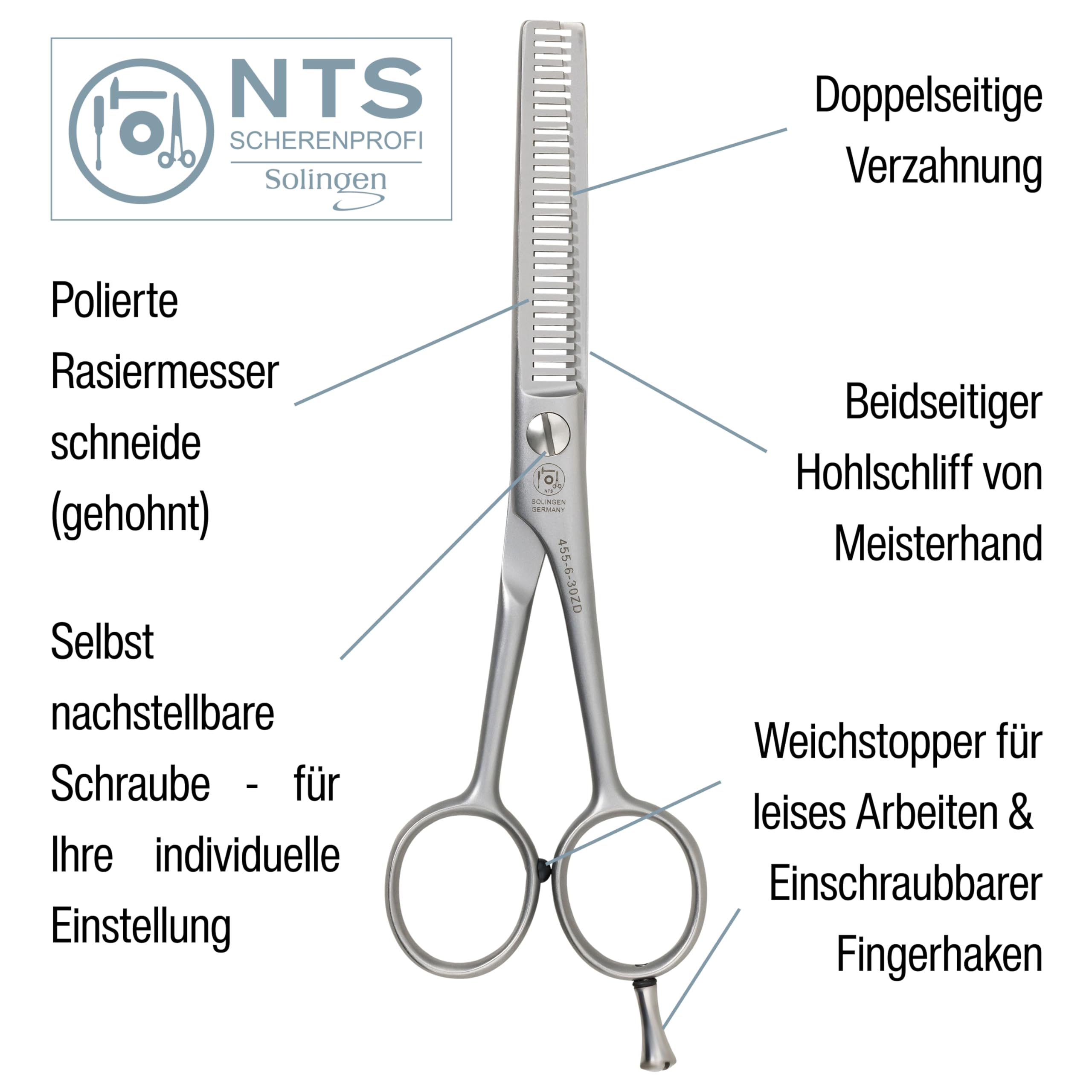 PROFI-Effilierschere 30 Zähne DOPPELSEITIG - Haarschere Friseurschere - May-Lily Line ROSTFREI, matt satiniert (6,0-30ZD = 15 cm 30 Zähne doppelseitig)