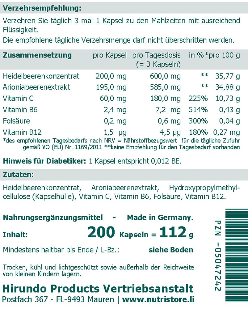 Heidelbeeren Myrtillus vegane Kapseln 200 Stk. mit Blaubeeren-Konzentrat, Aroniabeeren-Extrakt und Vitaminen C, B6, B12 und Folsäure