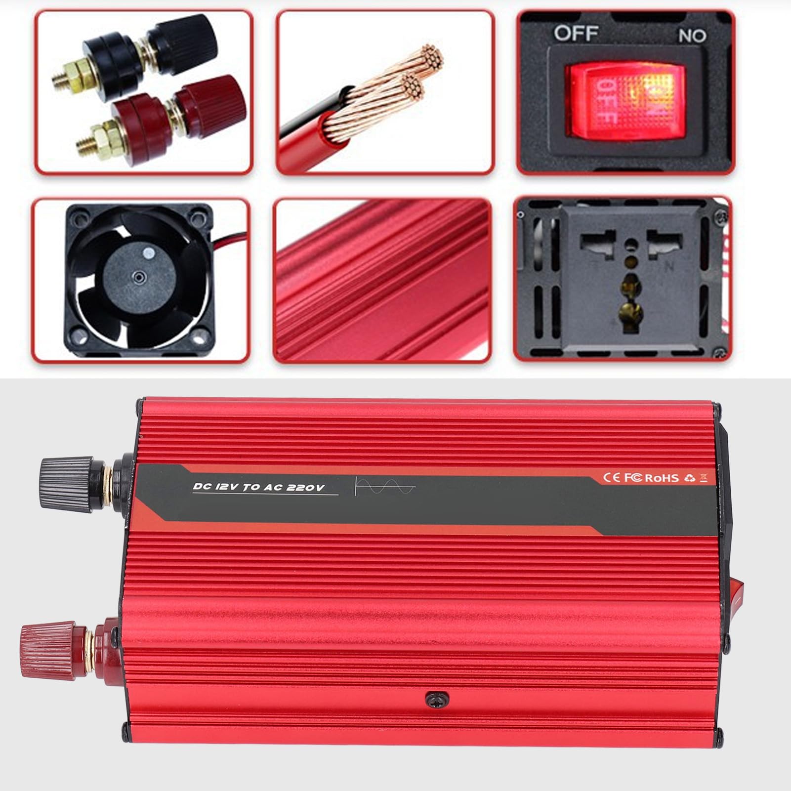 Ejoyous Przetwornica Napięcia Samochodu Stop Aluminium Przetwornica DC12V na AC220V 300W Czysta Fala Sinusoidalna Port USB Wentylator Chłodzący do Wycieczek na świeżym Powietrzu Kempingu i Zużycia