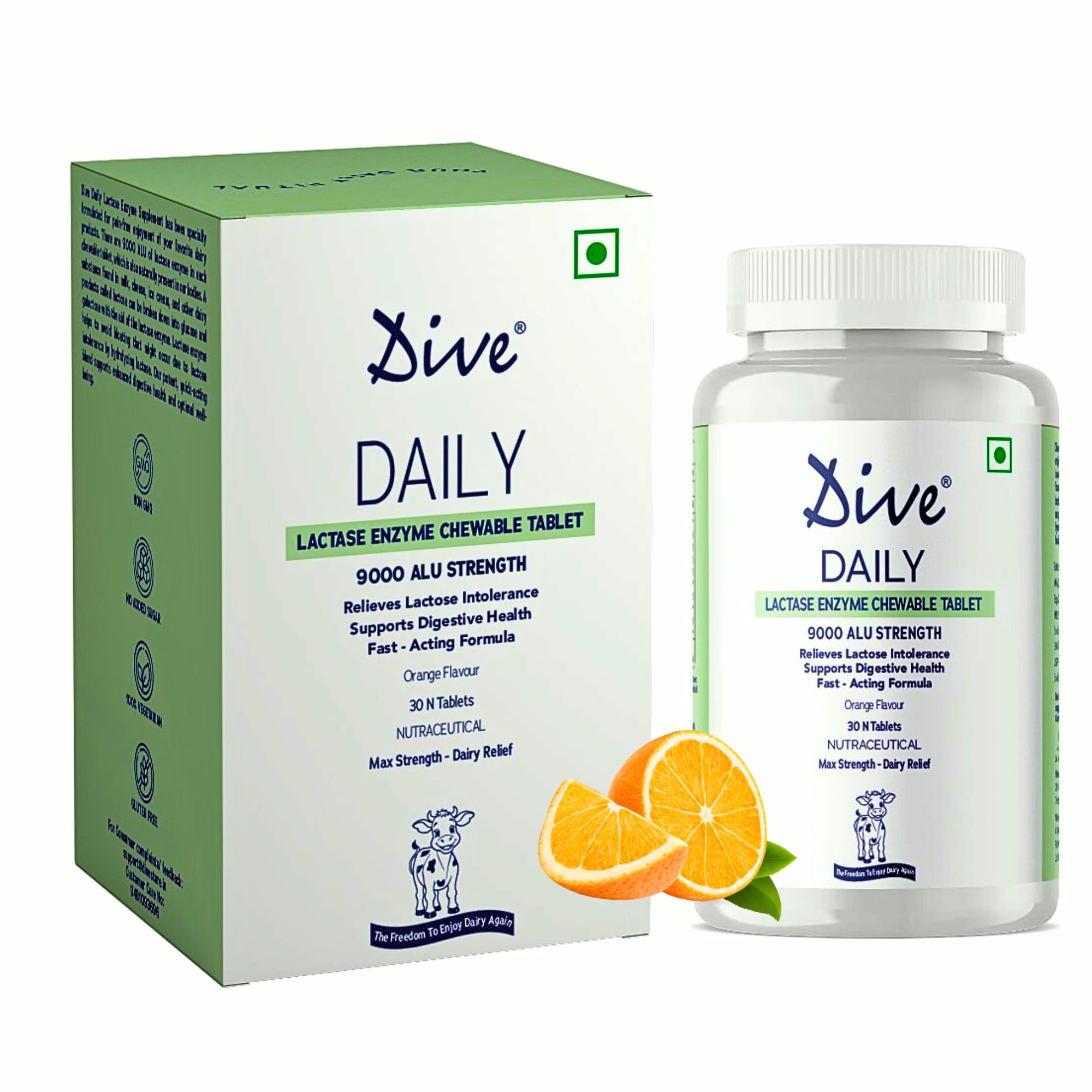 - DIVE Daily Lactase Enzyme | Chewable Tablet | Dairy Relief Supplement | 9000 ALU Strength | Prevents Gas, Bloating, Diarrhea | 100% Vegetarian | Sugar-Free | Orange Flavour, 30 Count