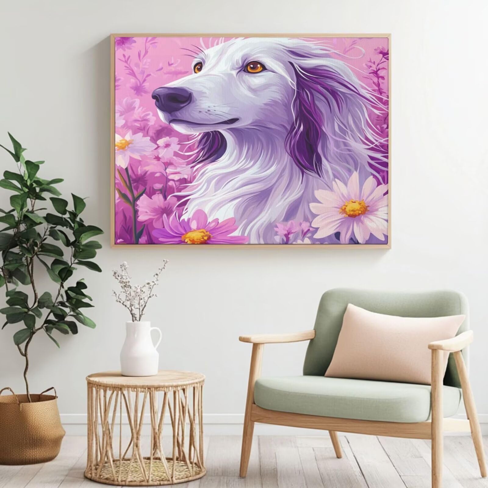 Malen nach Zahlen für Erwachsene, Motiv: Hund, Gänseblümchen, Malen nach Zahlen für Anfänger, Acryl-Peinture a Numero mit 6 Pinseln, DIY-Ölgemälde, Kunst-Bastelsets für Wanddekoration - (90 x 60 cm
