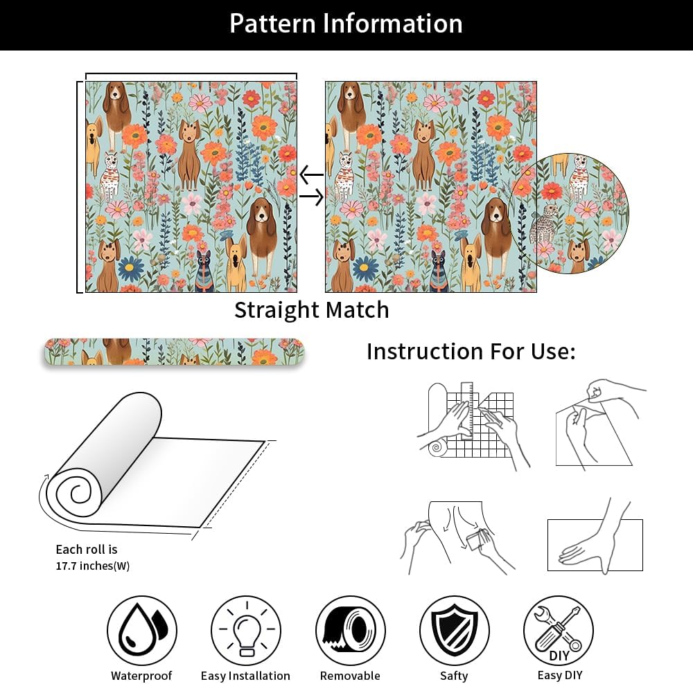 18"x236" Cartoon Cute Animals Dog Floral Peel and Stick Self Adhesive Wallpaper Removable Contact Paper Stick on Easy Peel Off Wall Paper for Kitchen Bedroom Bathroom Renter